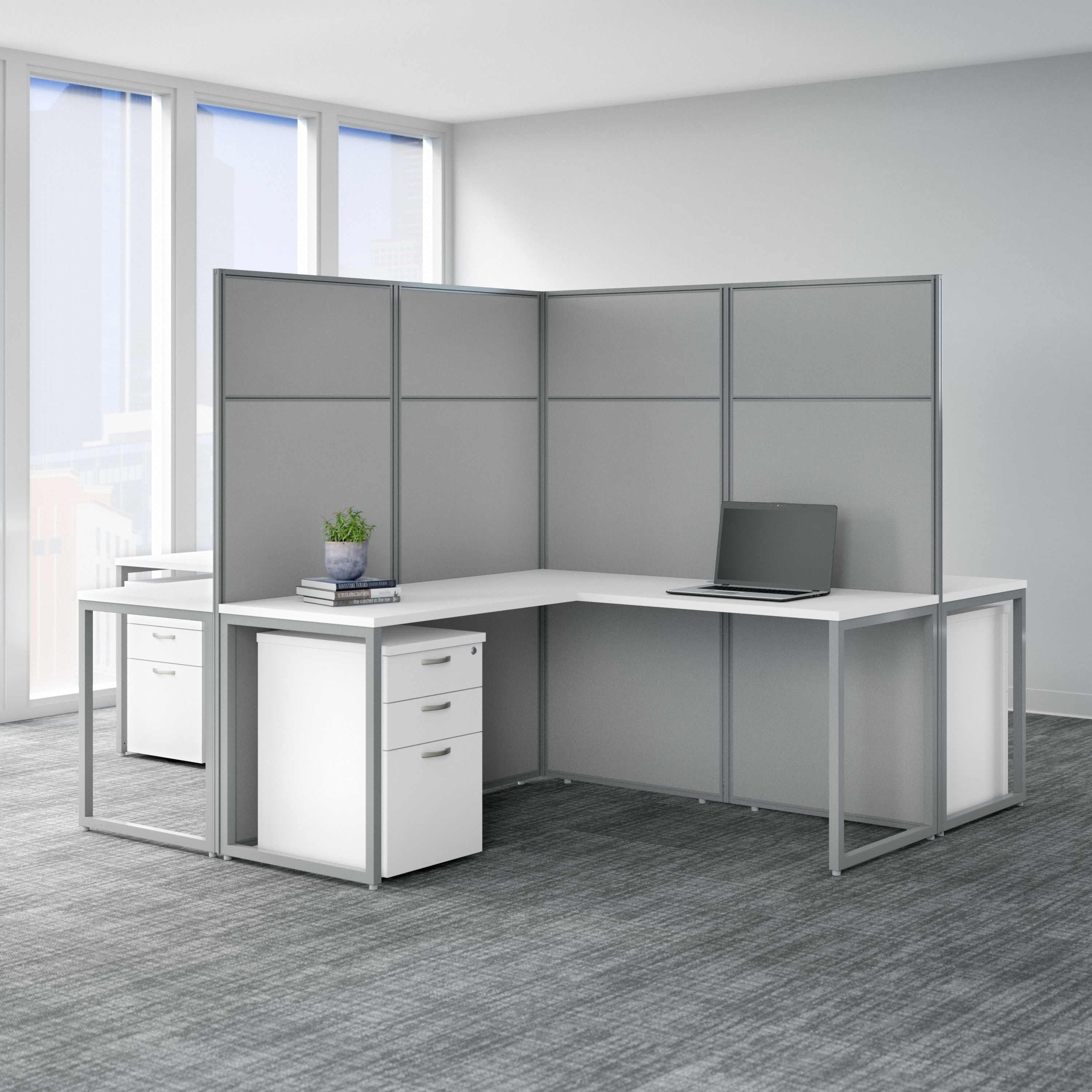 Shop Bush Business Furniture Easy Office 60W 4 Person L Shaped Cubicle Desk with Drawers and 66H Panels 01 EODH76SWH-03K #color_pure white/silver gray fabric
