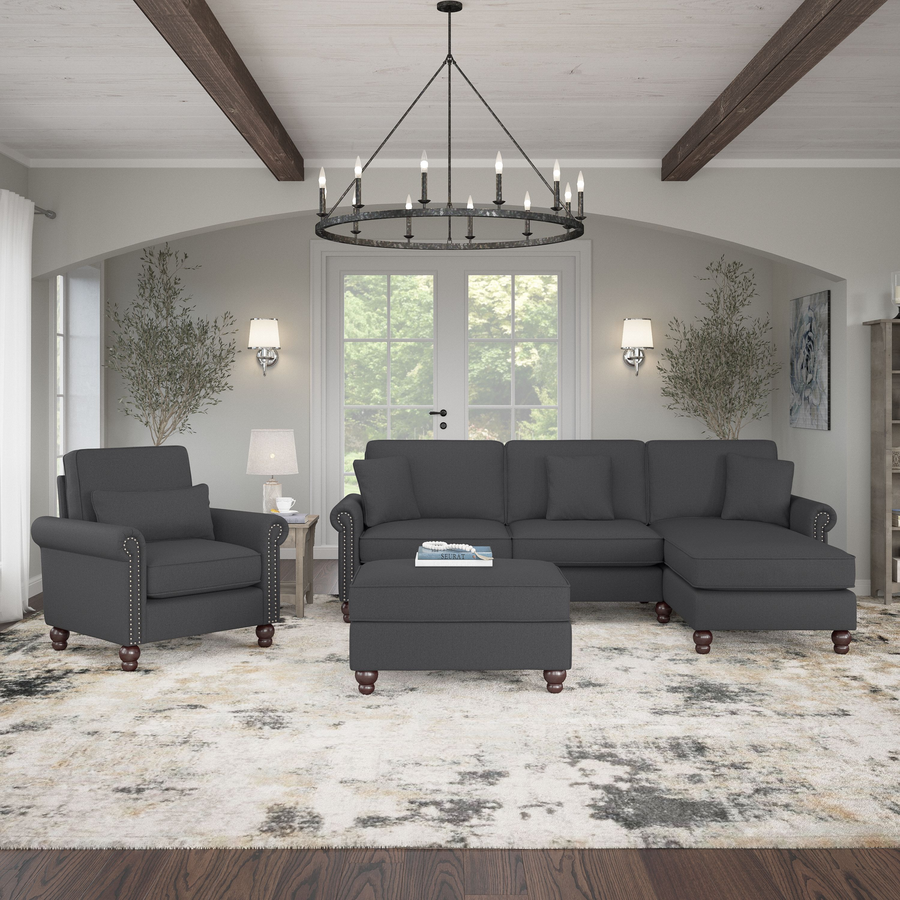 Shop Bush Furniture Coventry 102W Sectional Couch with Reversible Chaise Lounge, Accent Chair, and Ottoman 01 CVN021CGH #color_charcoal gray herringbone fabr