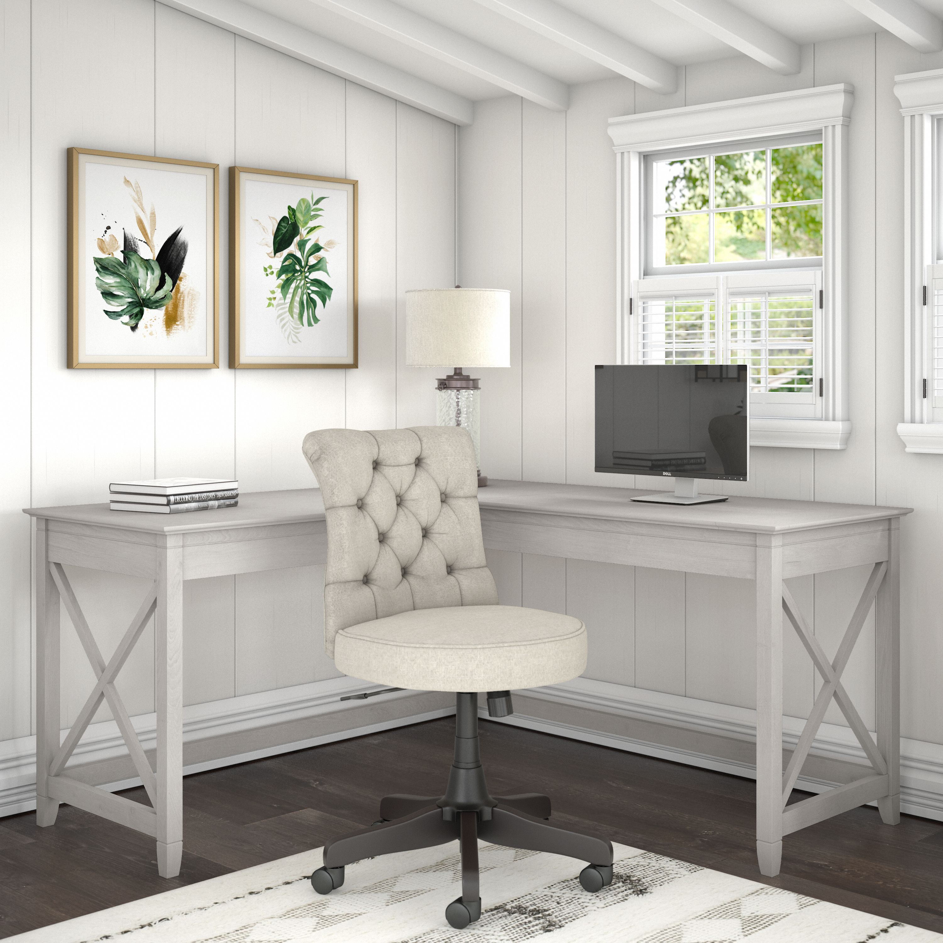 Shop Bush Furniture Key West 60W L Shaped Desk with Mid Back Tufted Office Chair 01 KWS045LW #color_linen white oak