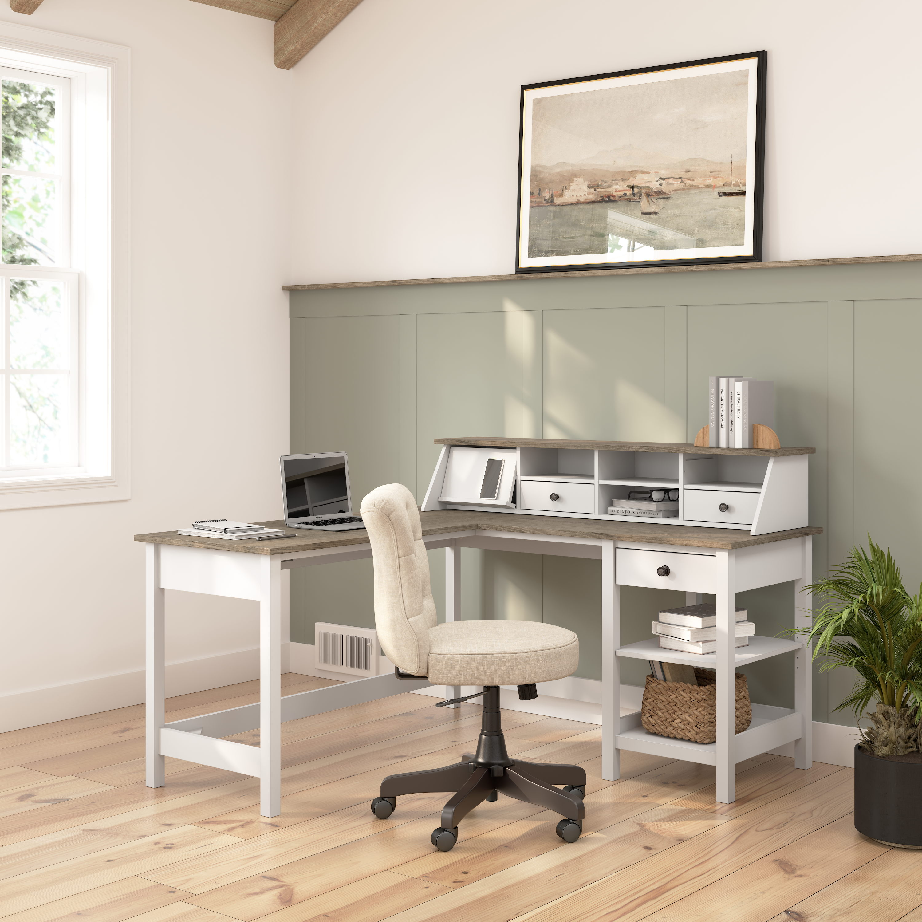 Shop Bush Furniture Mayfield 60W L Shaped Computer Desk with Desktop Organizer 01 MAY012GW2 #color_shiplap gray/pure white