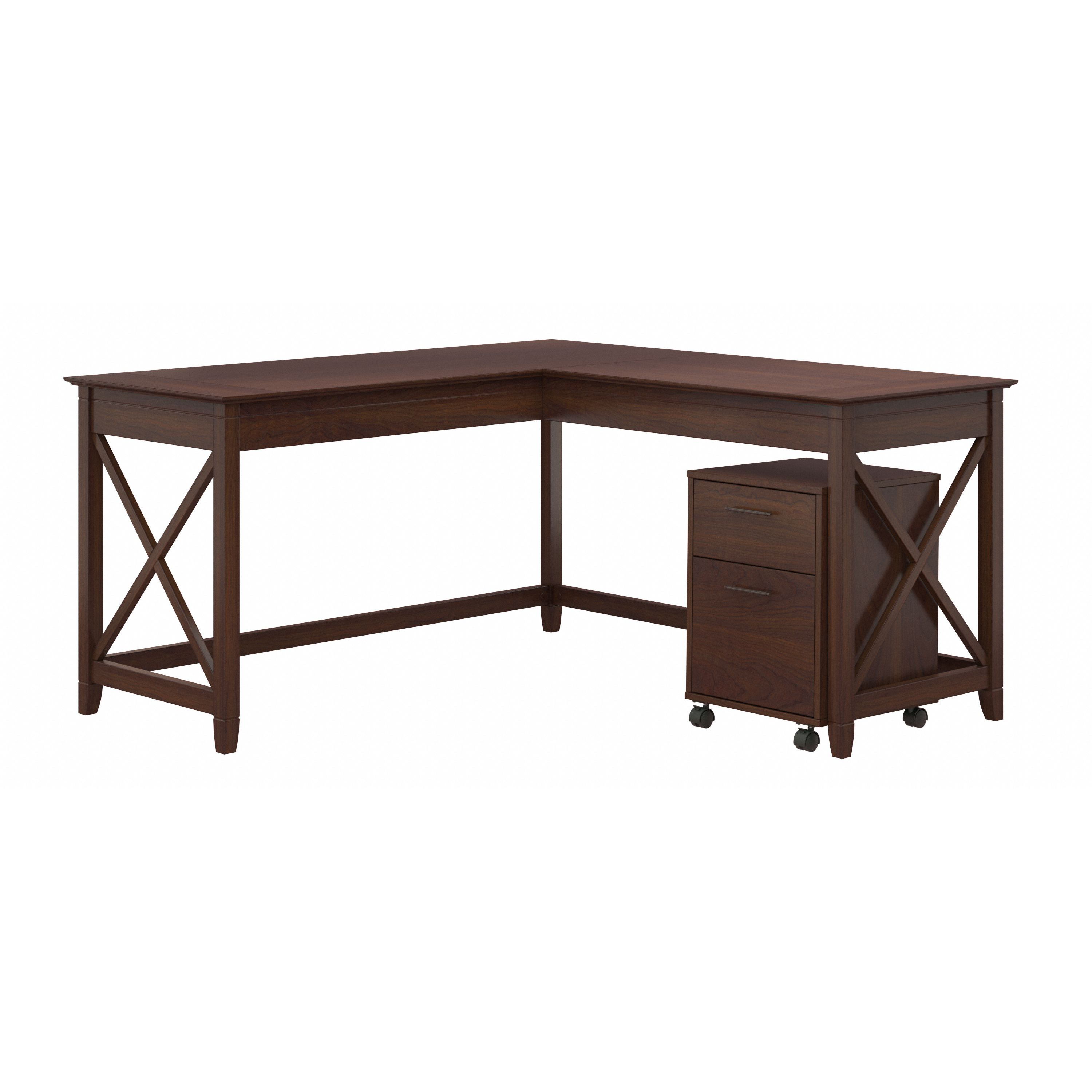 Shop Bush Furniture Key West 60W L Shaped Desk with 2 Drawer Mobile File Cabinet 02 KWS013BC #color_bing cherry