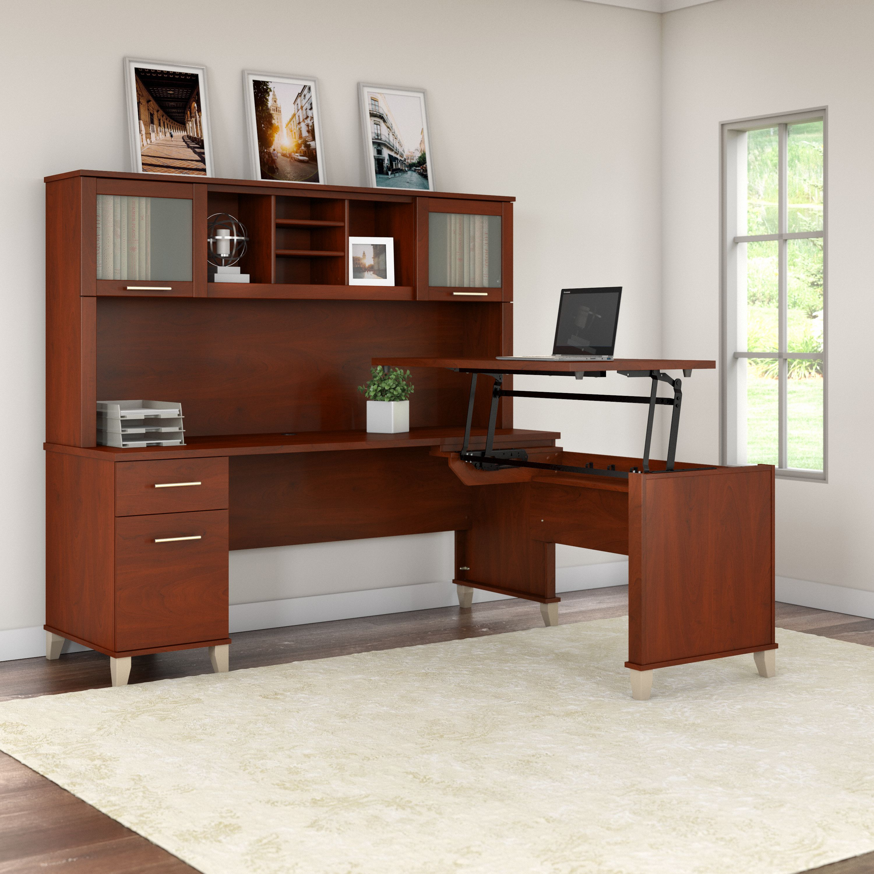 Shop Bush Furniture Somerset 72W 3 Position Sit to Stand L Shaped Desk with Hutch 01 SET015HC #color_hansen cherry