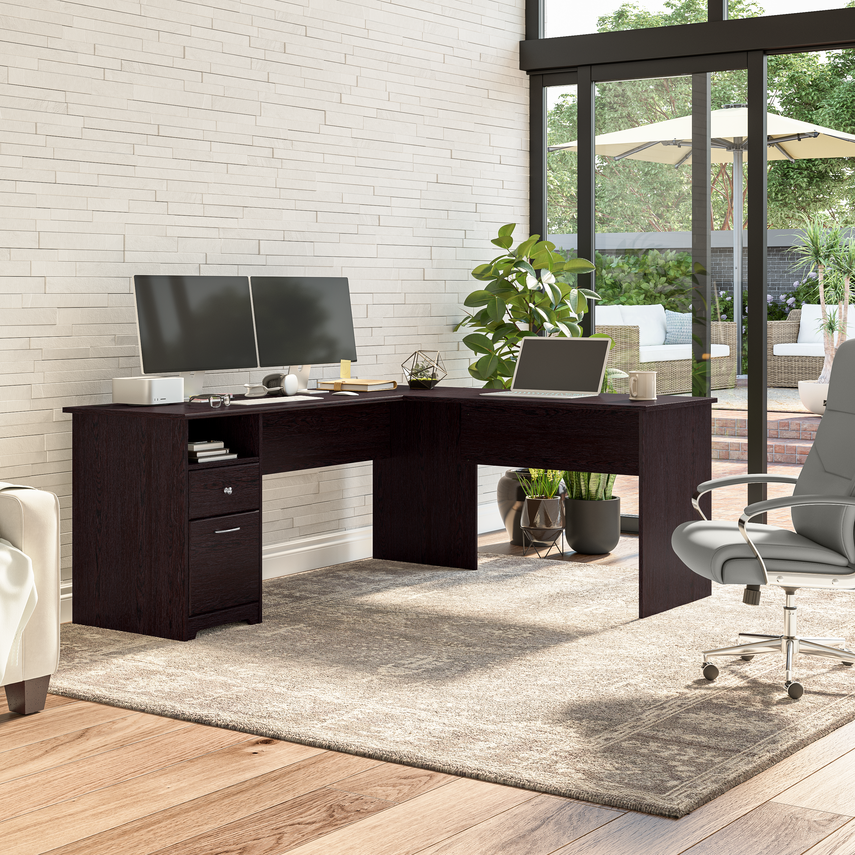 Shop Bush Furniture Cabot 72W L Shaped Computer Desk with Drawers 01 CAB051EPO #color_espresso oak