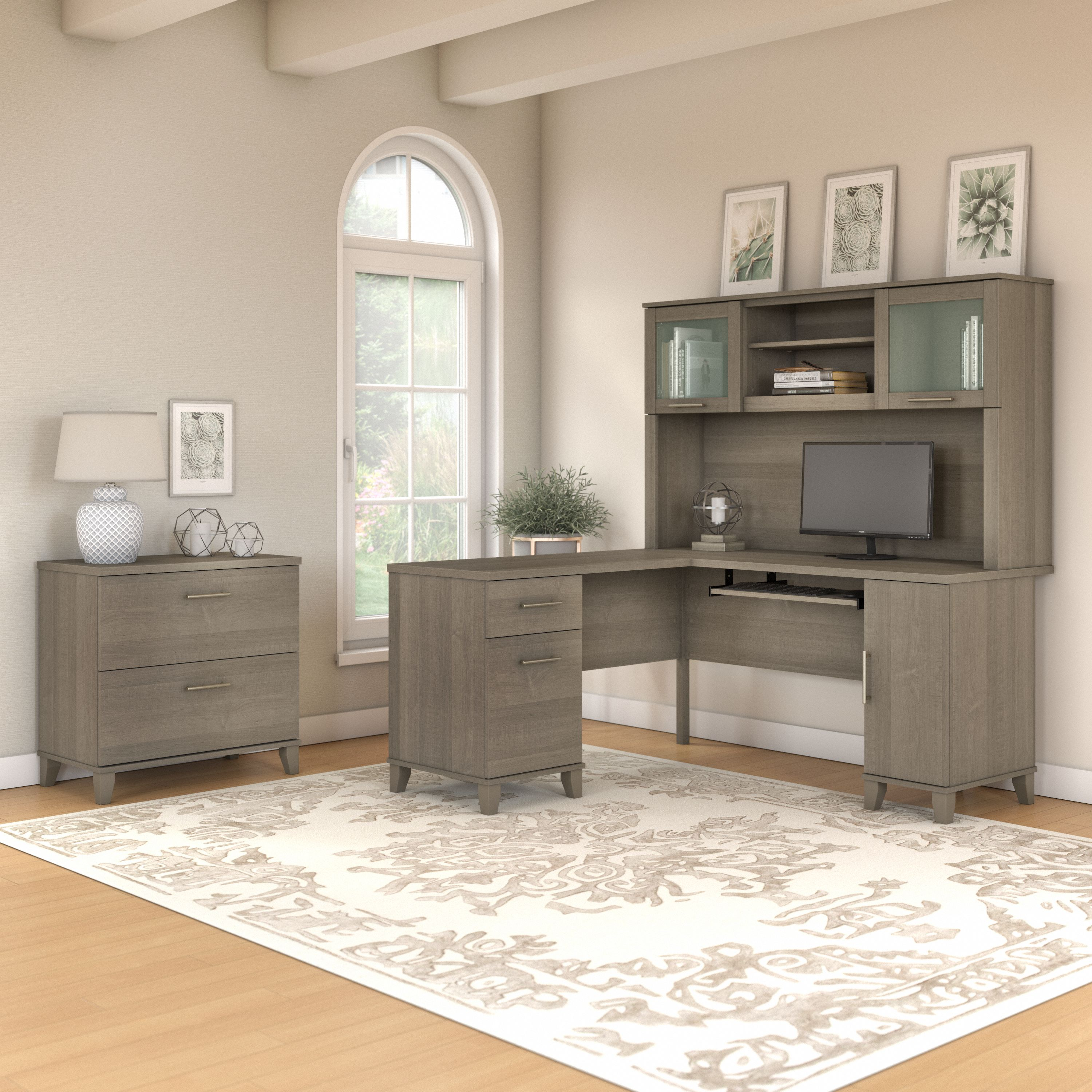 Shop Bush Furniture Somerset 60W L Shaped Desk with Hutch and Lateral File Cabinet 01 SET008AG #color_ash gray