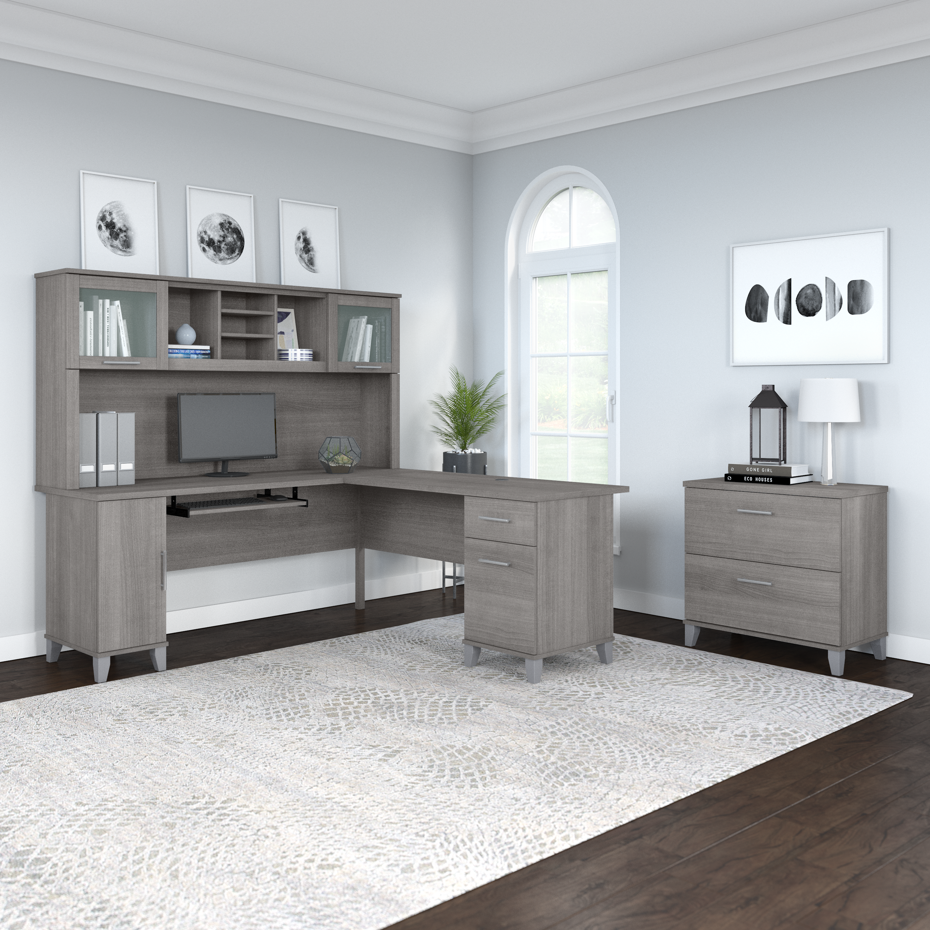 Shop Bush Furniture Somerset 72W L Shaped Desk with Hutch and Lateral File Cabinet 01 SET009PG #color_platinum gray