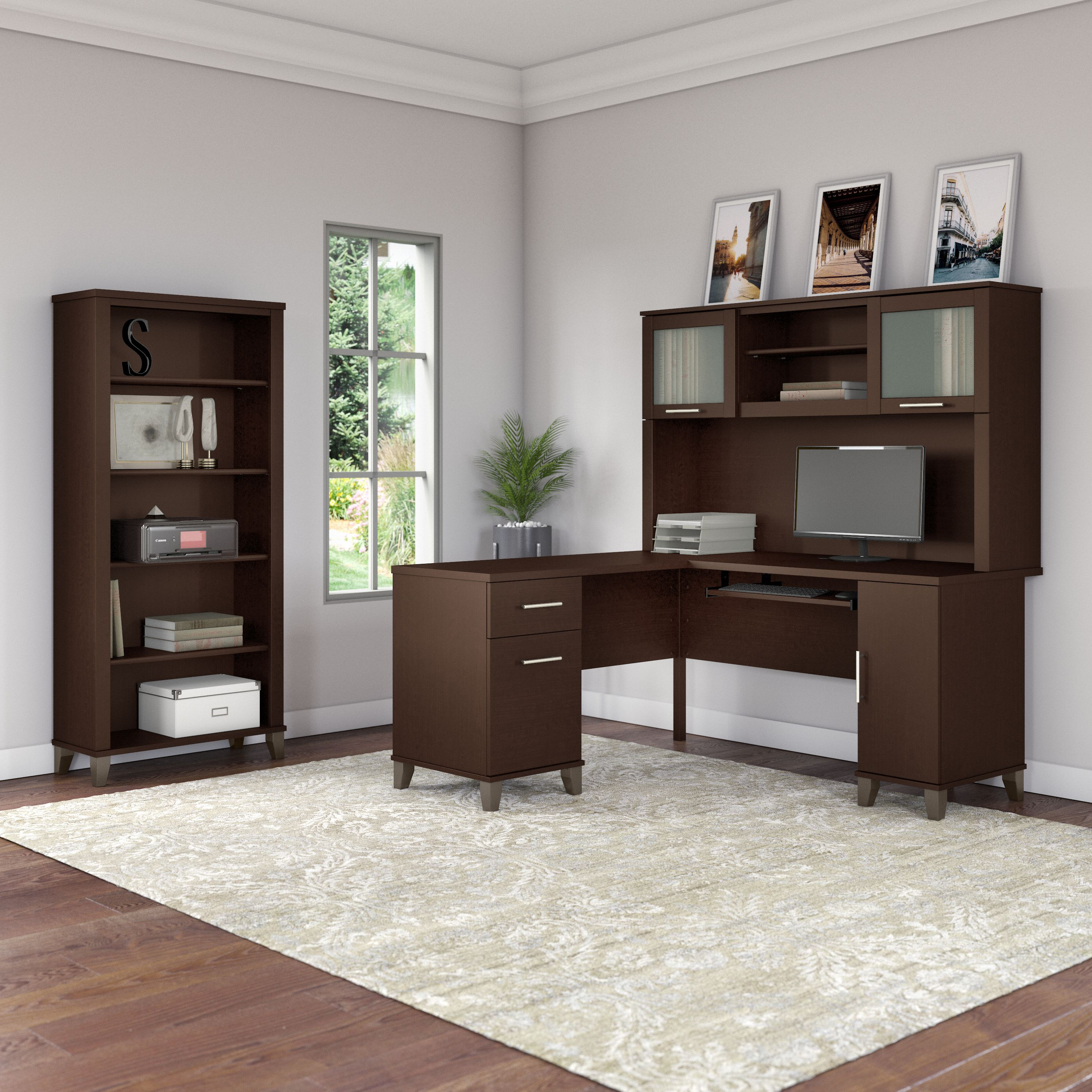 Shop Bush Furniture Somerset 60W L Shaped Desk with Hutch and 5 Shelf Bookcase 01 SET010MR #color_mocha cherry