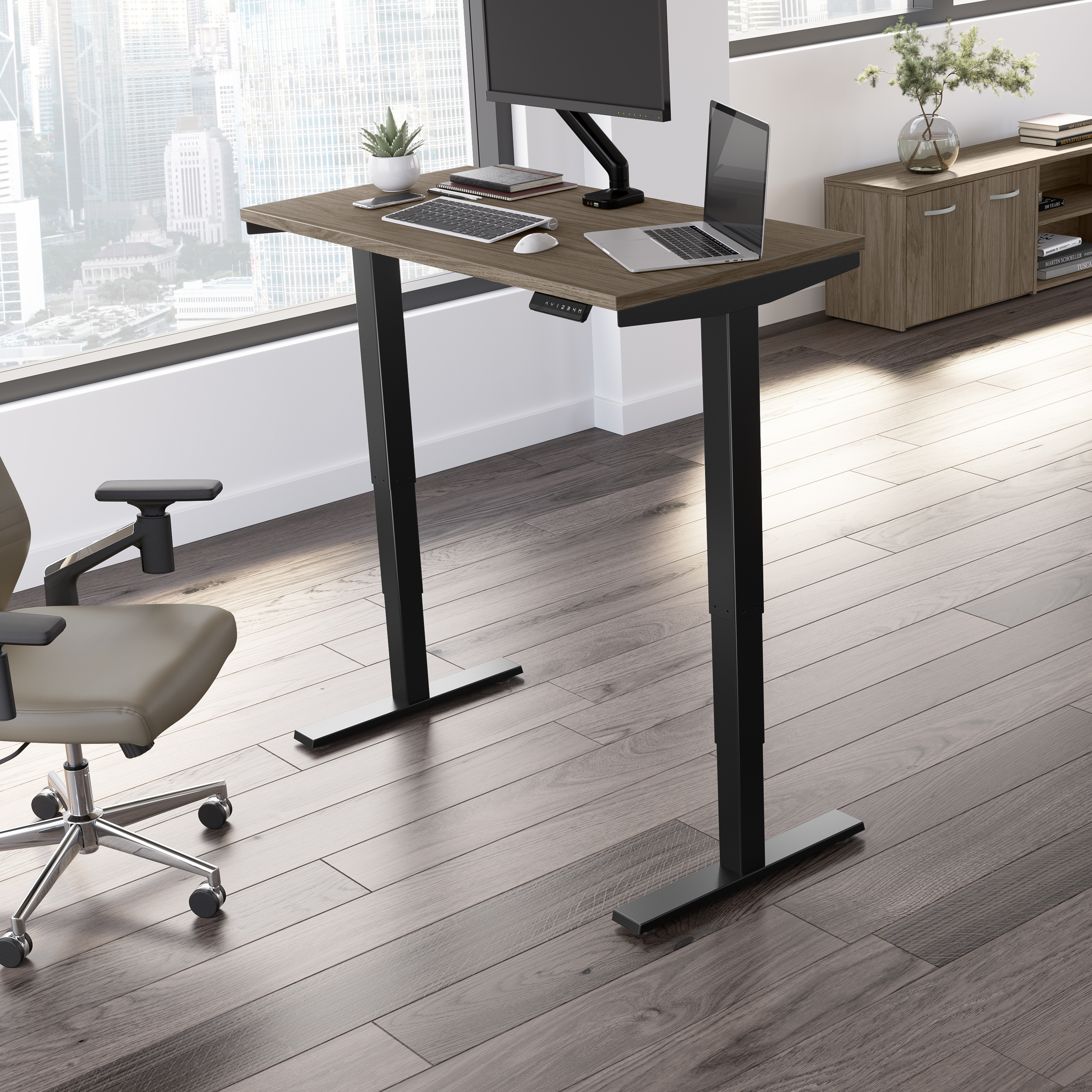 Shop Move 40 Series by Bush Business Furniture 48W x 24D Electric Height Adjustable Standing Desk 01 M4S4824MHBK #color_modern hickory/black powder coat