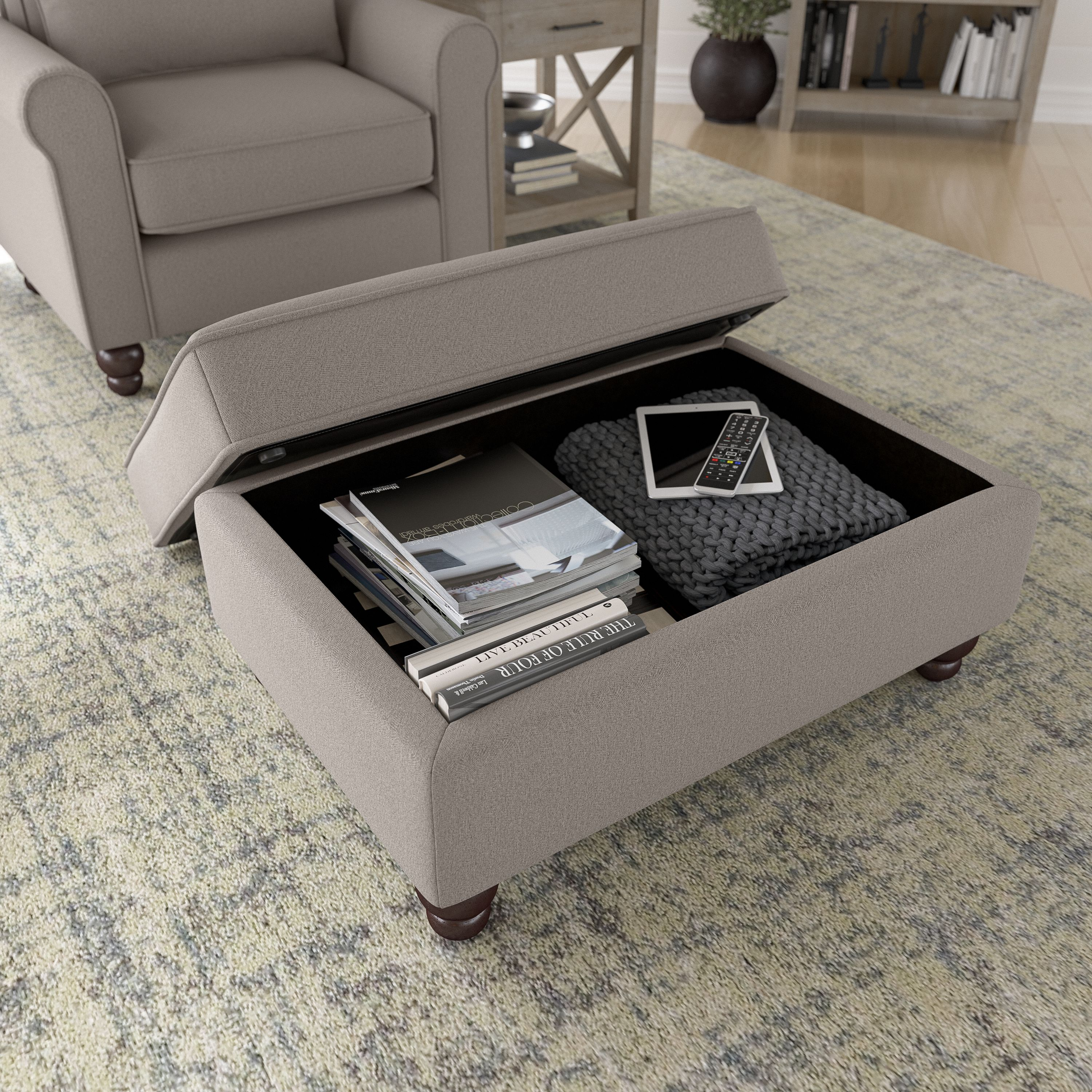 Shop Bush Furniture Hudson Storage Ottoman 06 HDO34BBGH-Z #color_beige herringbone fabric