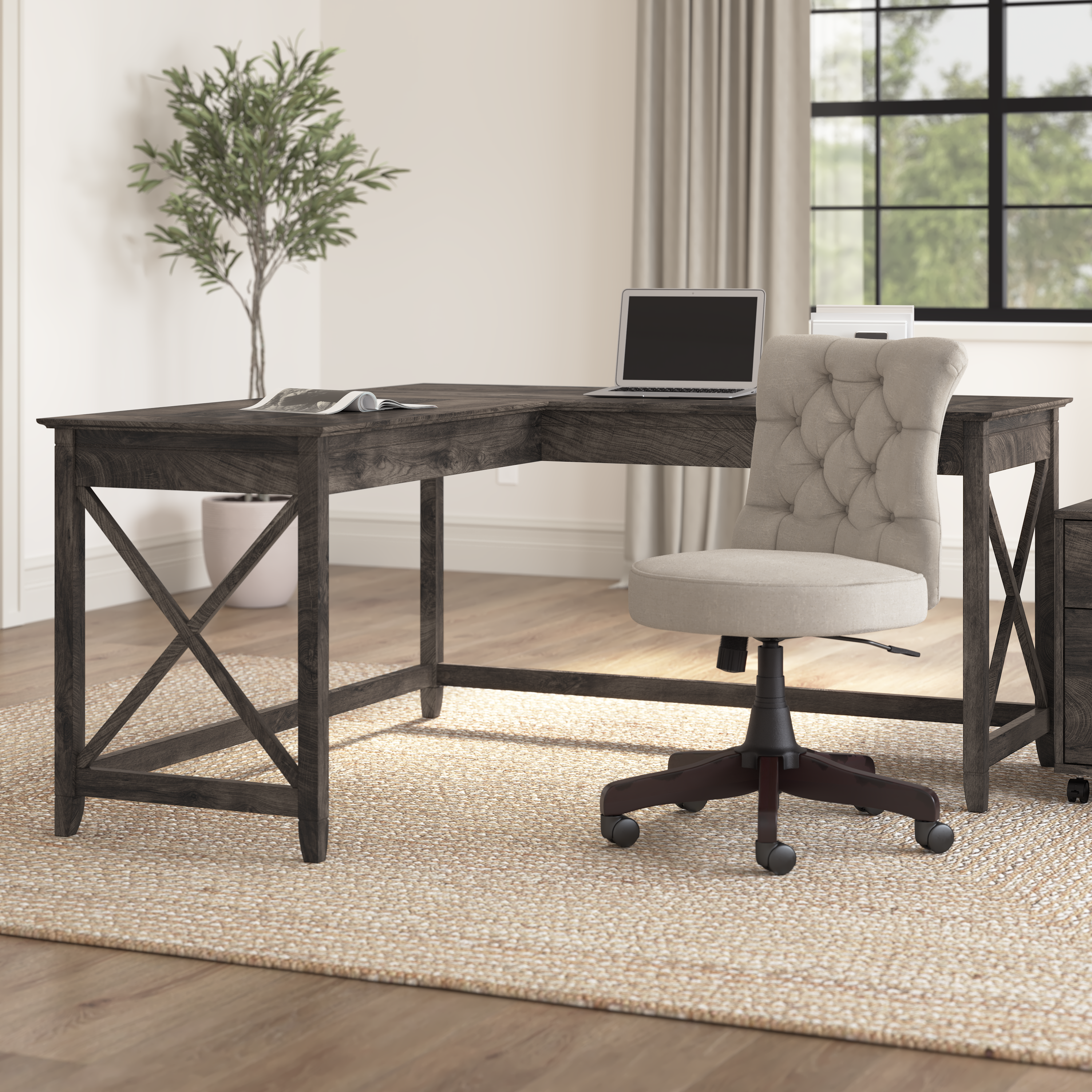 Shop Bush Furniture Key West 60W L Shaped Desk 01 KWD160GH-03 #color_dark gray hickory