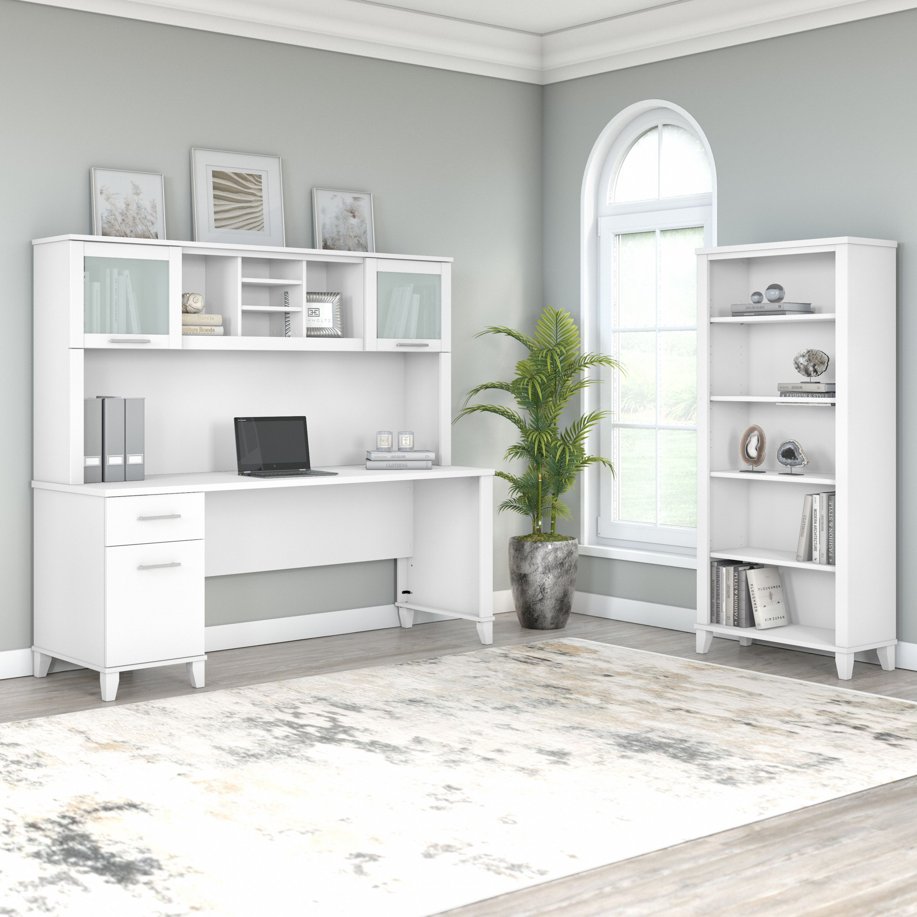 Shop Bush Furniture Somerset 72W Office Desk with Hutch and 5 Shelf Bookcase 01 SET020WH #color_white