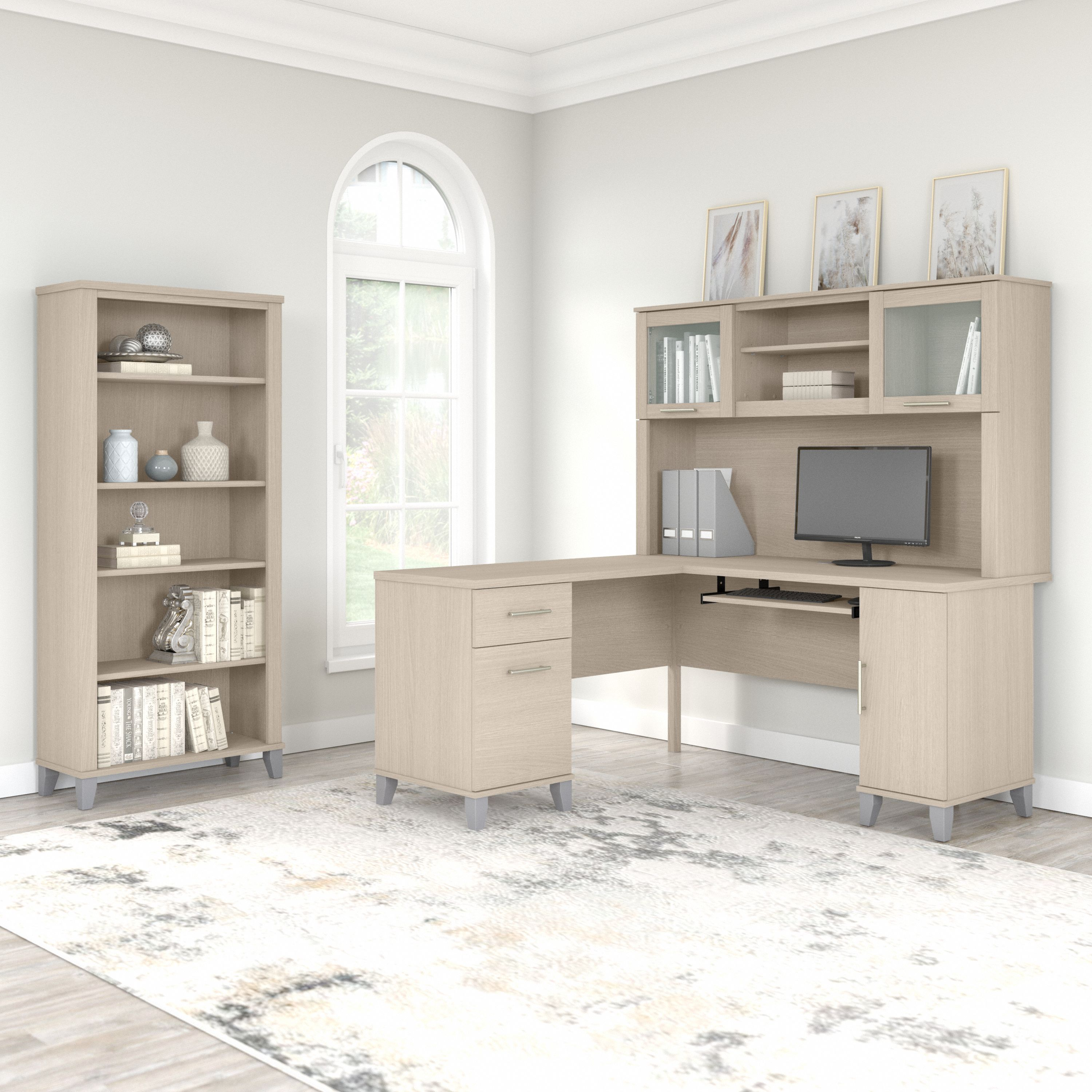 Shop Bush Furniture Somerset 60W L Shaped Desk with Hutch and 5 Shelf Bookcase 01 SET010SO #color_sand oak