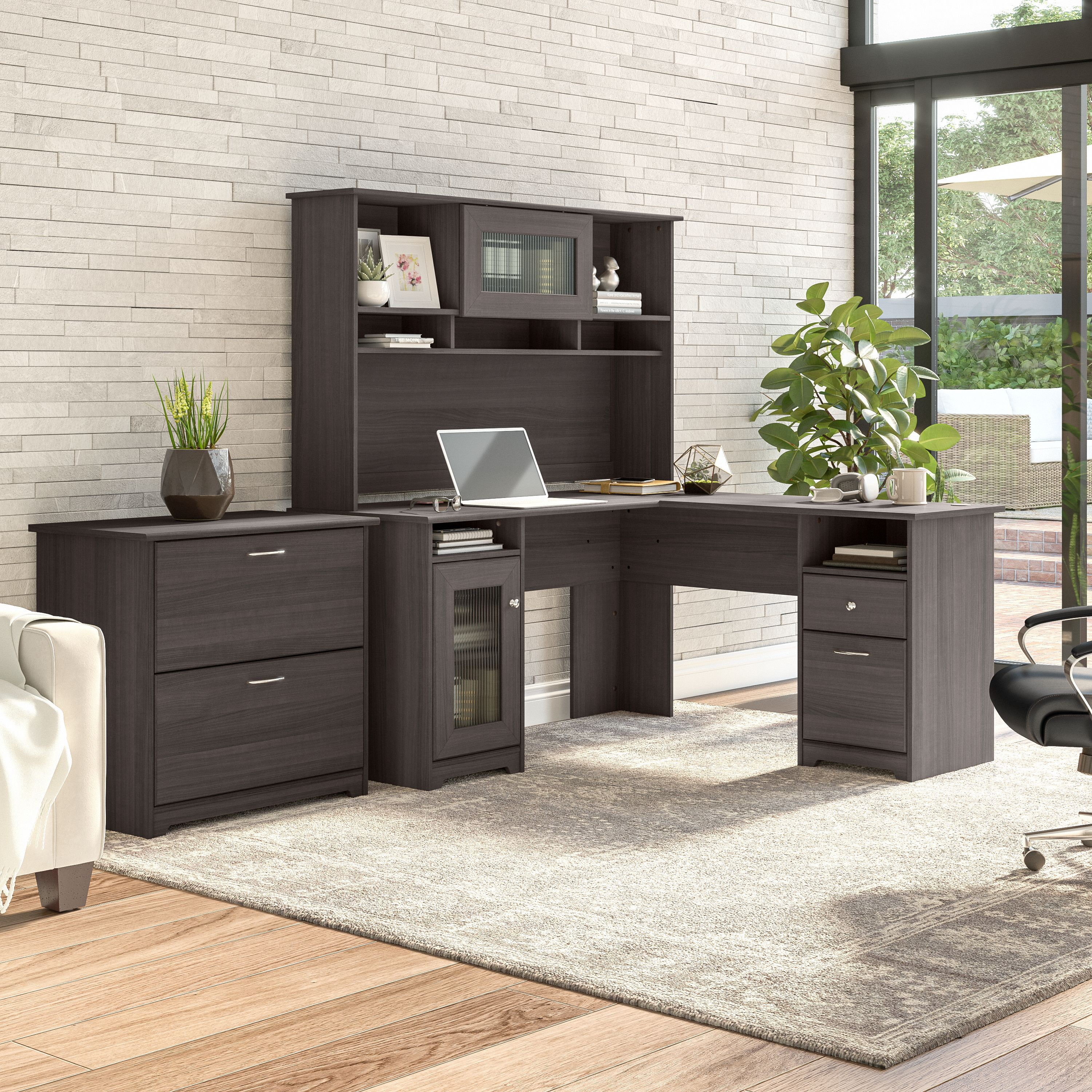 Shop Bush Furniture Cabot 60W L Shaped Computer Desk with Hutch and Lateral File Cabinet 01 CAB005HRG #color_heather gray