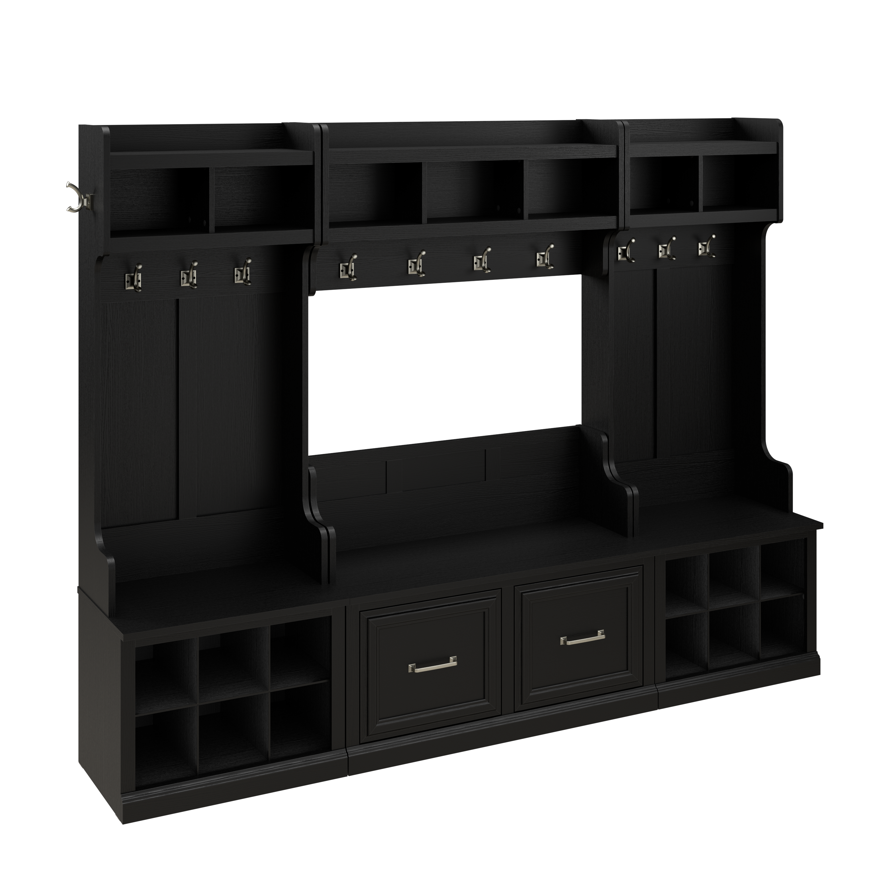 Shop Bush Furniture Woodland Full Entryway Storage Set with Coat Rack and Shoe Bench with Doors 02 WDL013BS #color_black suede oak