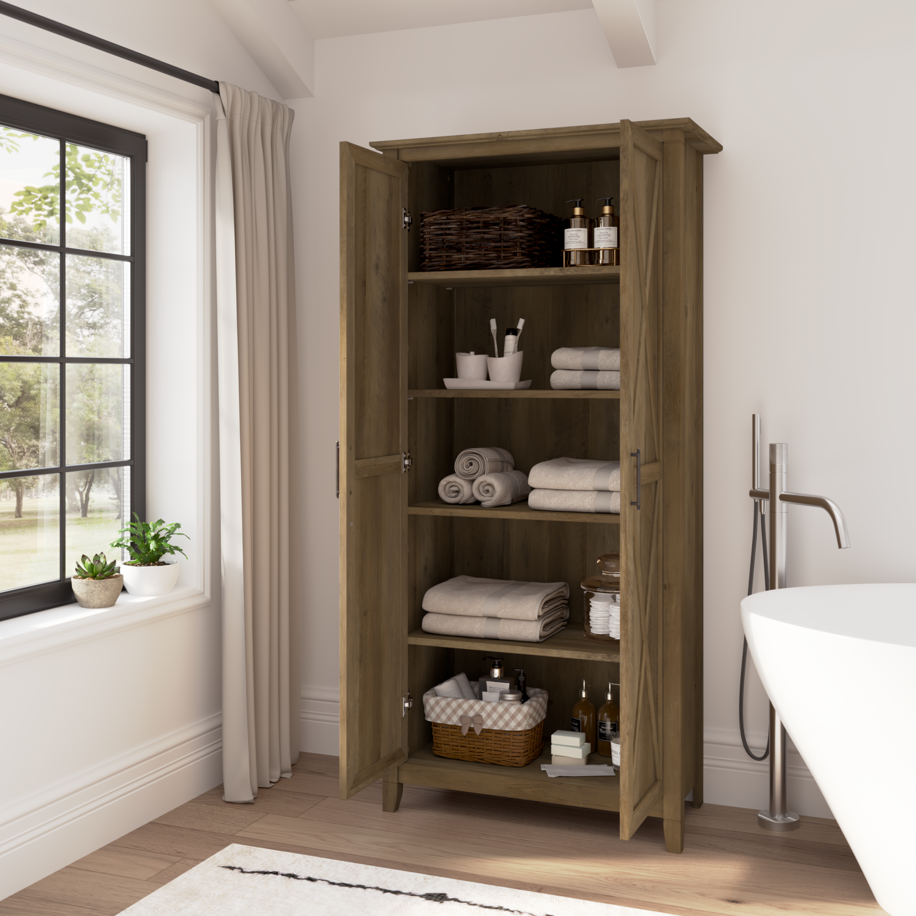 Shop Bush Furniture Key West Tall Bathroom Cabinet with Doors and Shelves 06 KWS266RCP-Z1 #color_reclaimed pine