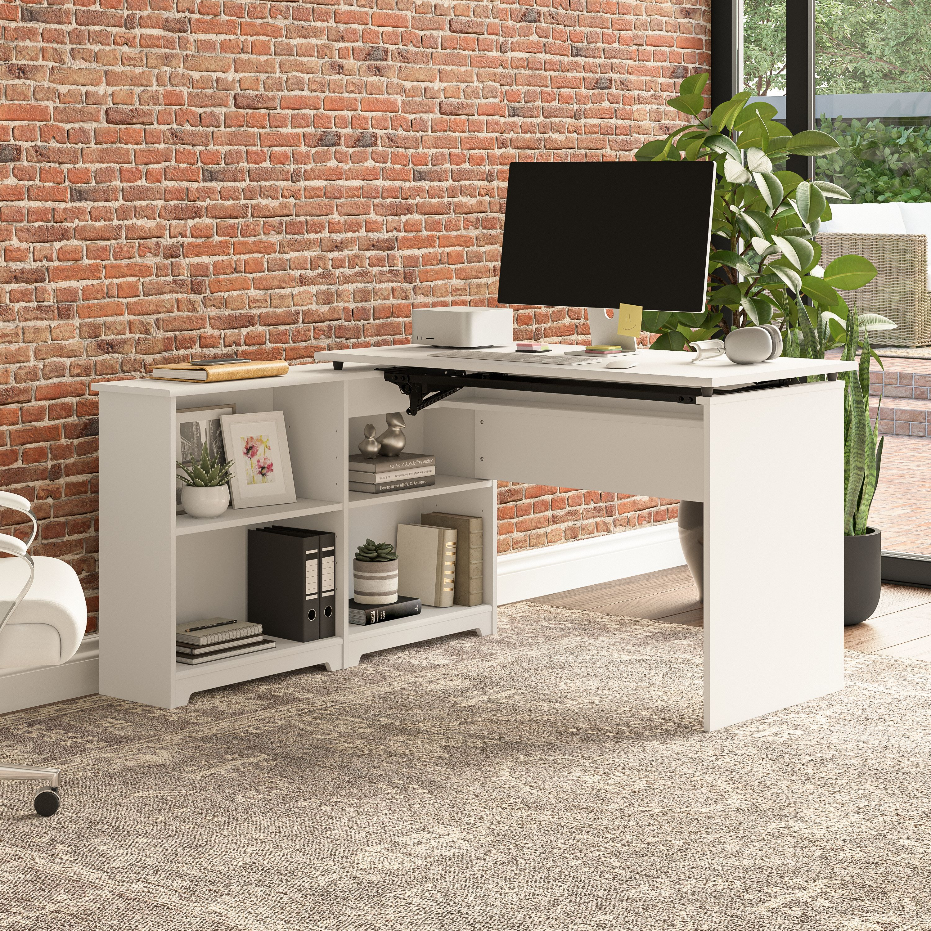 Shop Bush Furniture Cabot 52W 3 Position Sit to Stand Corner Desk with Shelves 06 WC31916 #color_white