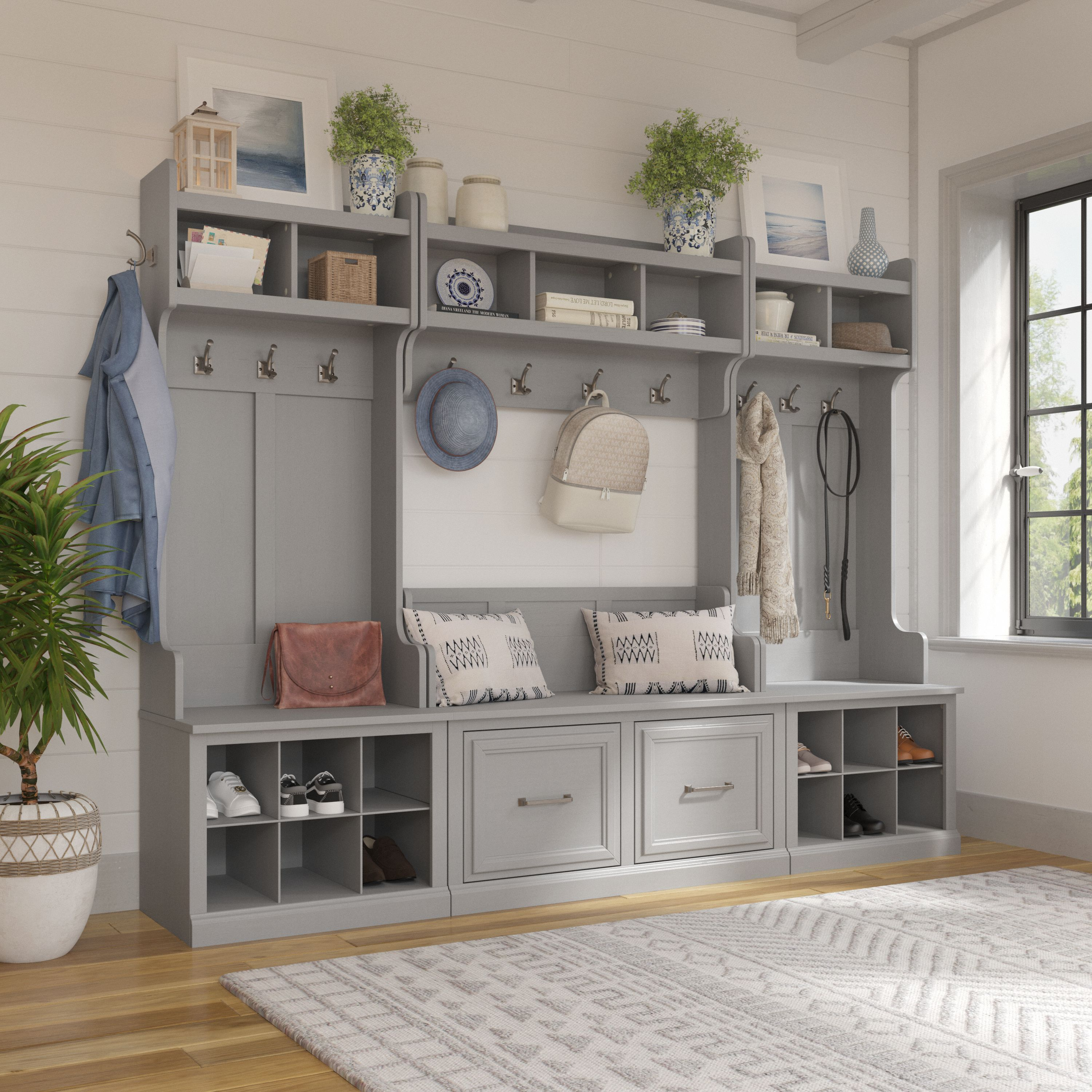 Shop Bush Furniture Woodland Full Entryway Storage Set with Coat Rack and Shoe Bench with Doors 01 WDL013CG #color_cape cod gray