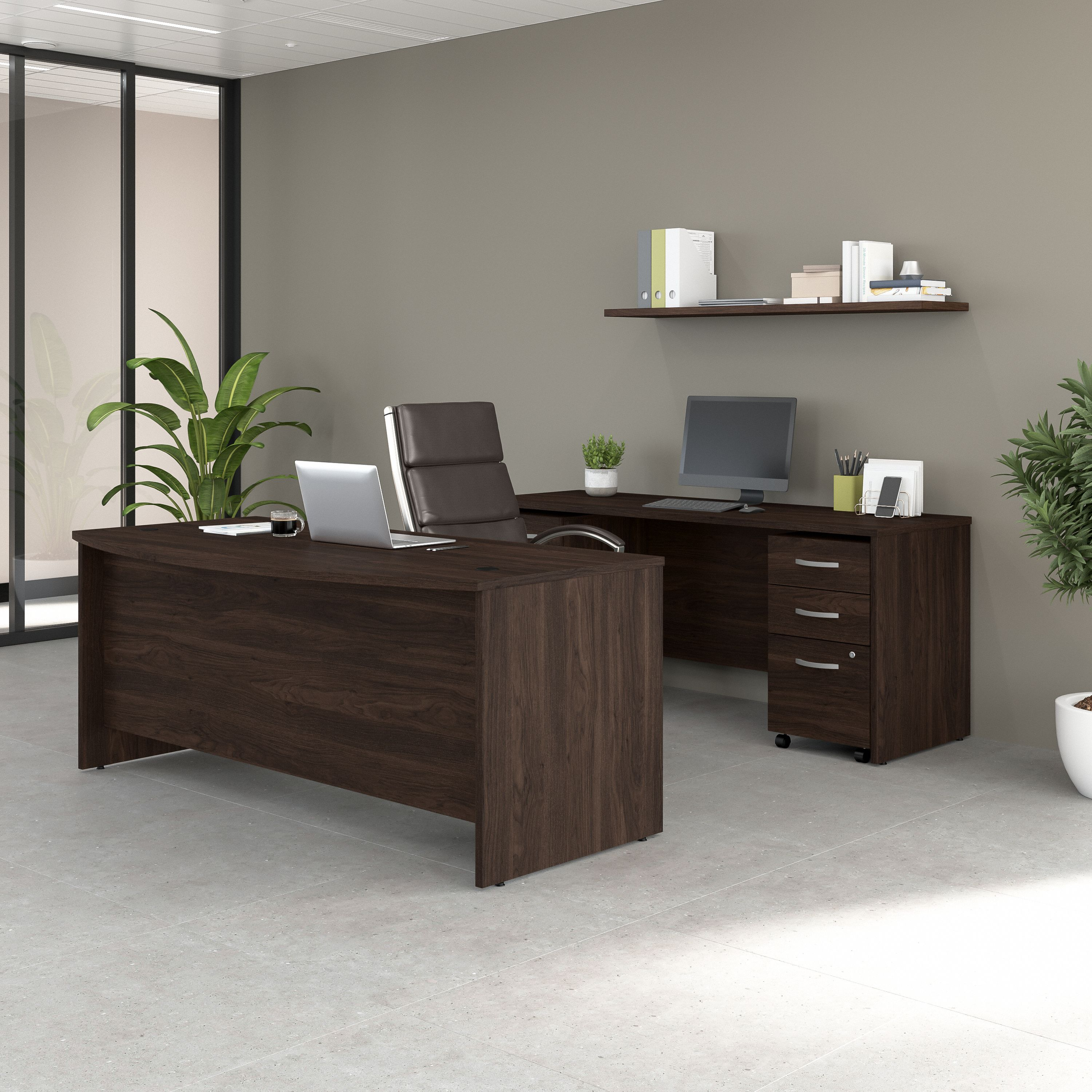 Shop Bush Business Furniture Studio C 72W x 36D Bow Front Desk and Credenza with Mobile File Cabinets 01 STC009BWSU #color_black walnut