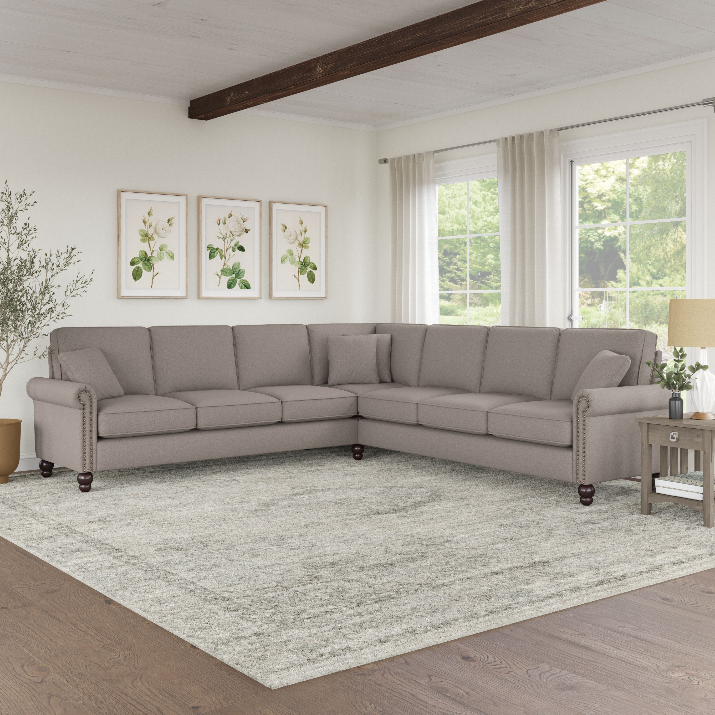 Shop Bush Furniture Coventry 111W L Shaped Sectional Couch 01 CVY110BBGH-03K #color_beige herringbone fabric