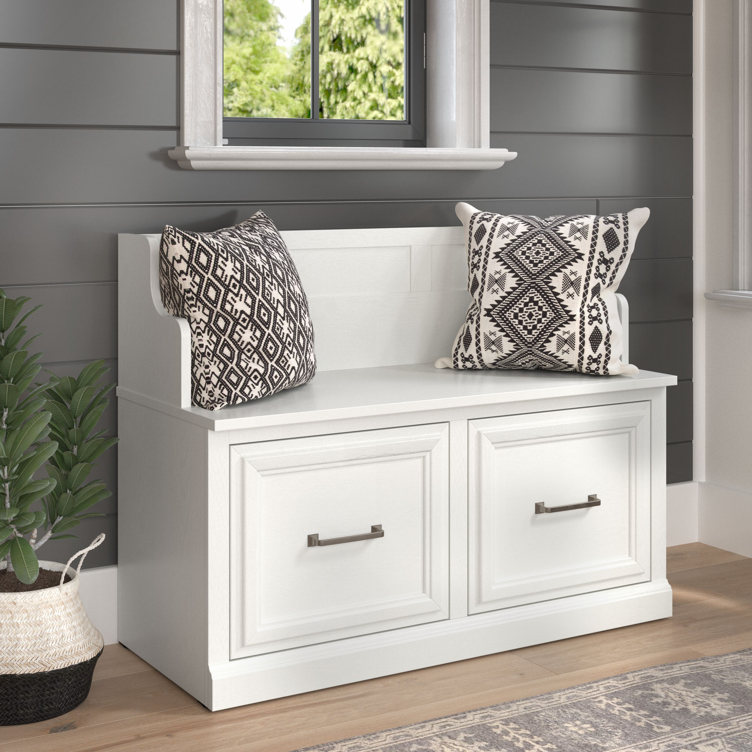 Shop Bush Furniture Woodland 40W Entryway Bench with Doors 01 WDL005WAS #color_white ash