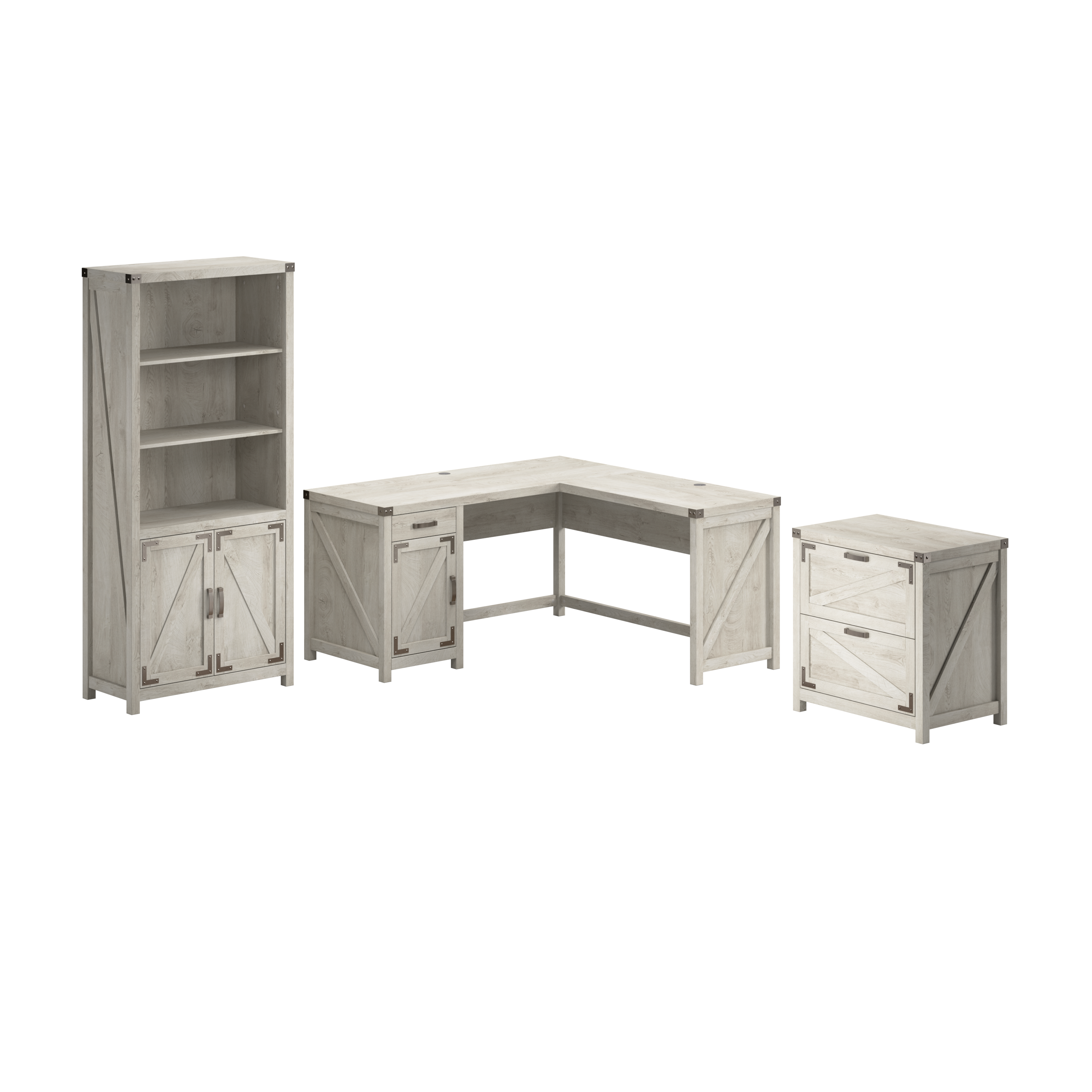 Shop Bush Furniture Knoxville 60W L Shaped Desk with Lateral File Cabinet and 5 Shelf Bookcase 02 CGR005CWH #color_cottage white