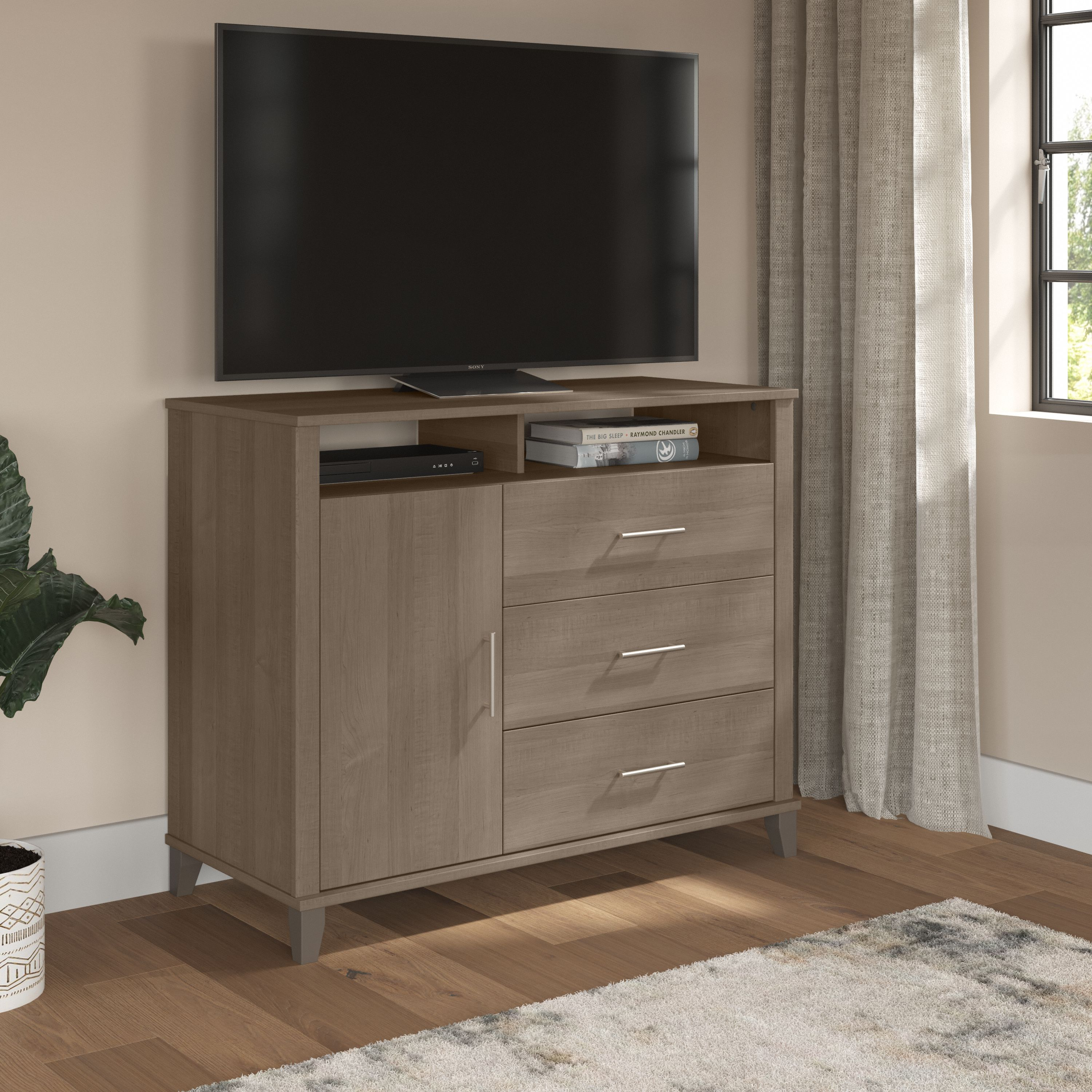 Shop Bush Furniture Somerset 3 Drawer Dresser and Bedroom TV Stand 01 STV148AGK #color_ash gray