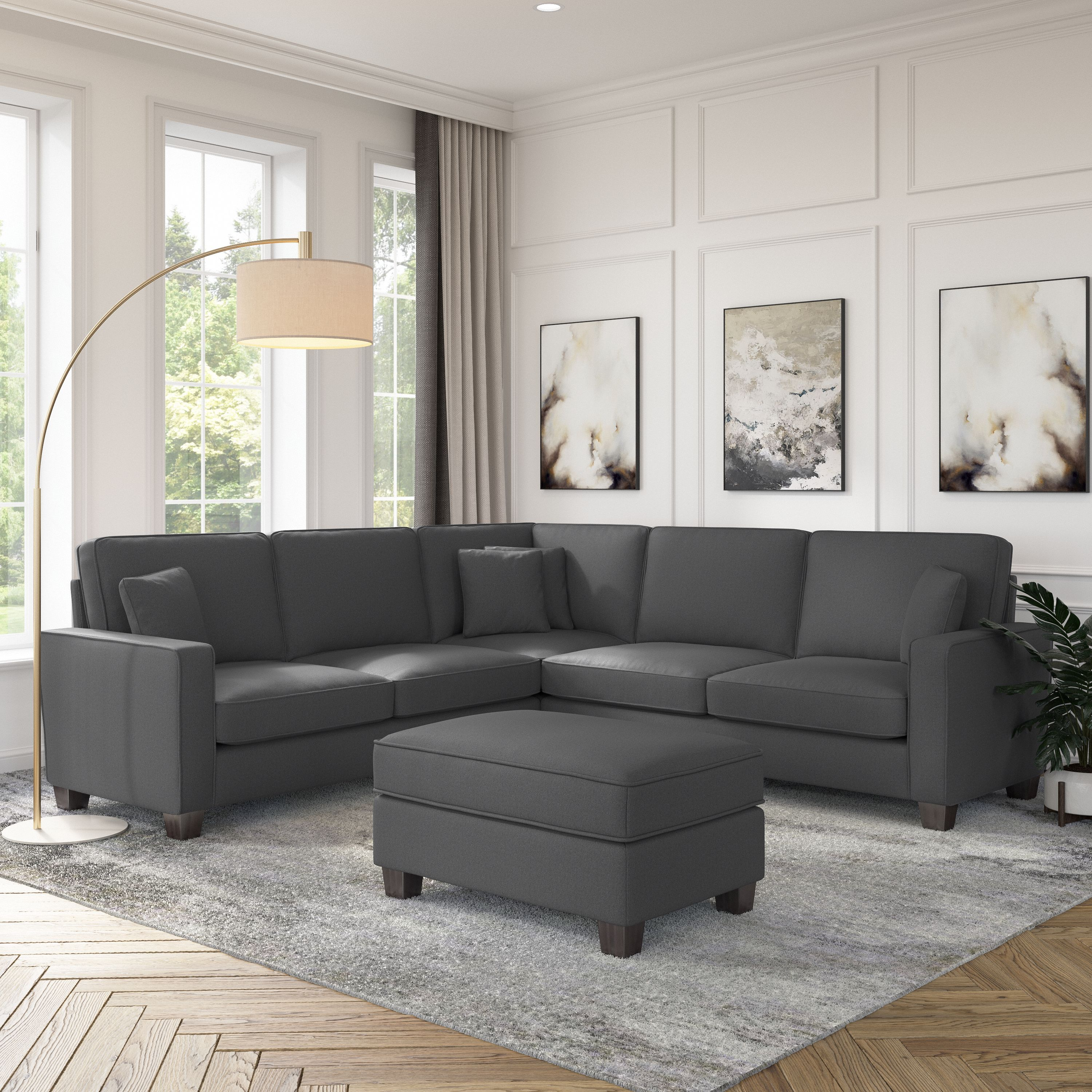 Shop Bush Furniture Stockton 99W L Shaped Sectional Couch with Ottoman 01 SKT003CGH #color_charcoal gray herringbone fabr