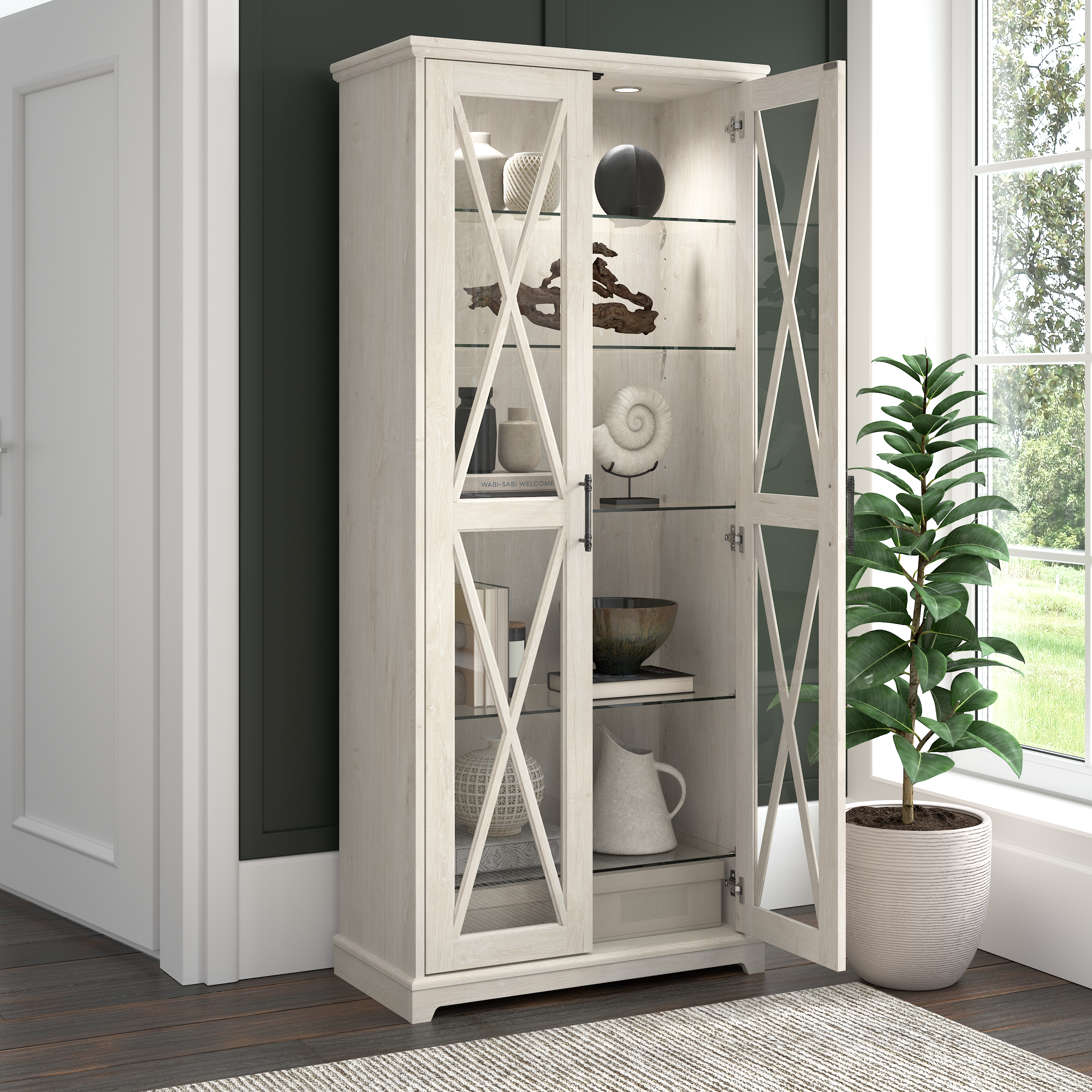 Shop Bush Furniture Lennox Farmhouse Curio Cabinet with Glass Doors and Shelves 06 LES232LW-03K #color_linen white oak