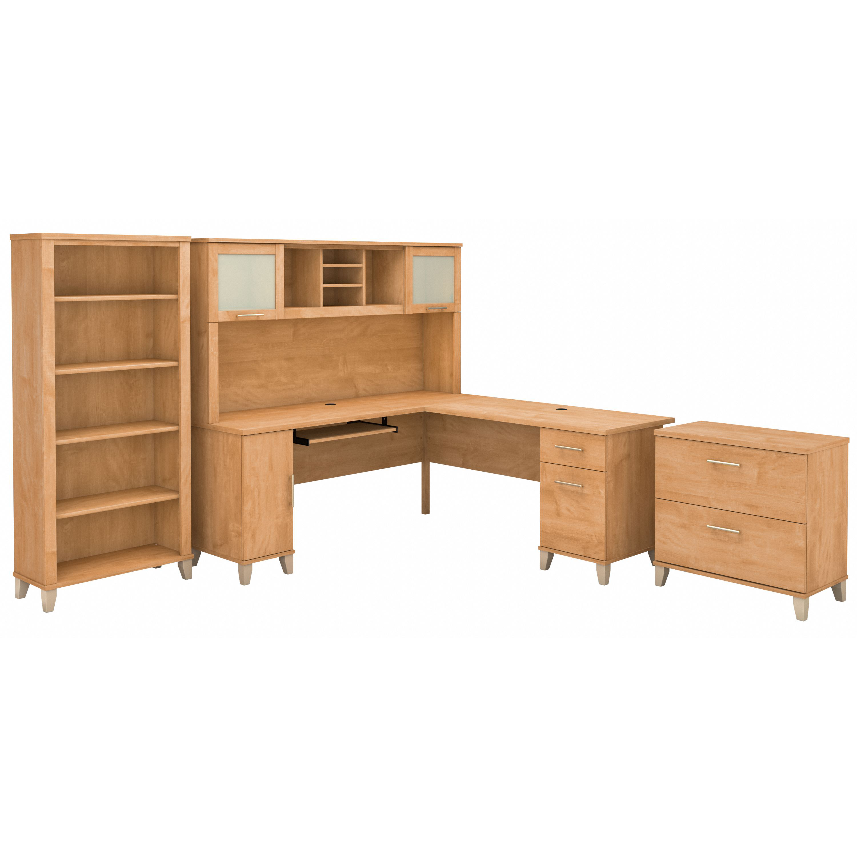 Shop Bush Furniture Somerset 72W L Shaped Desk with Hutch, Lateral File Cabinet and Bookcase 02 SET012MC #color_maple cross