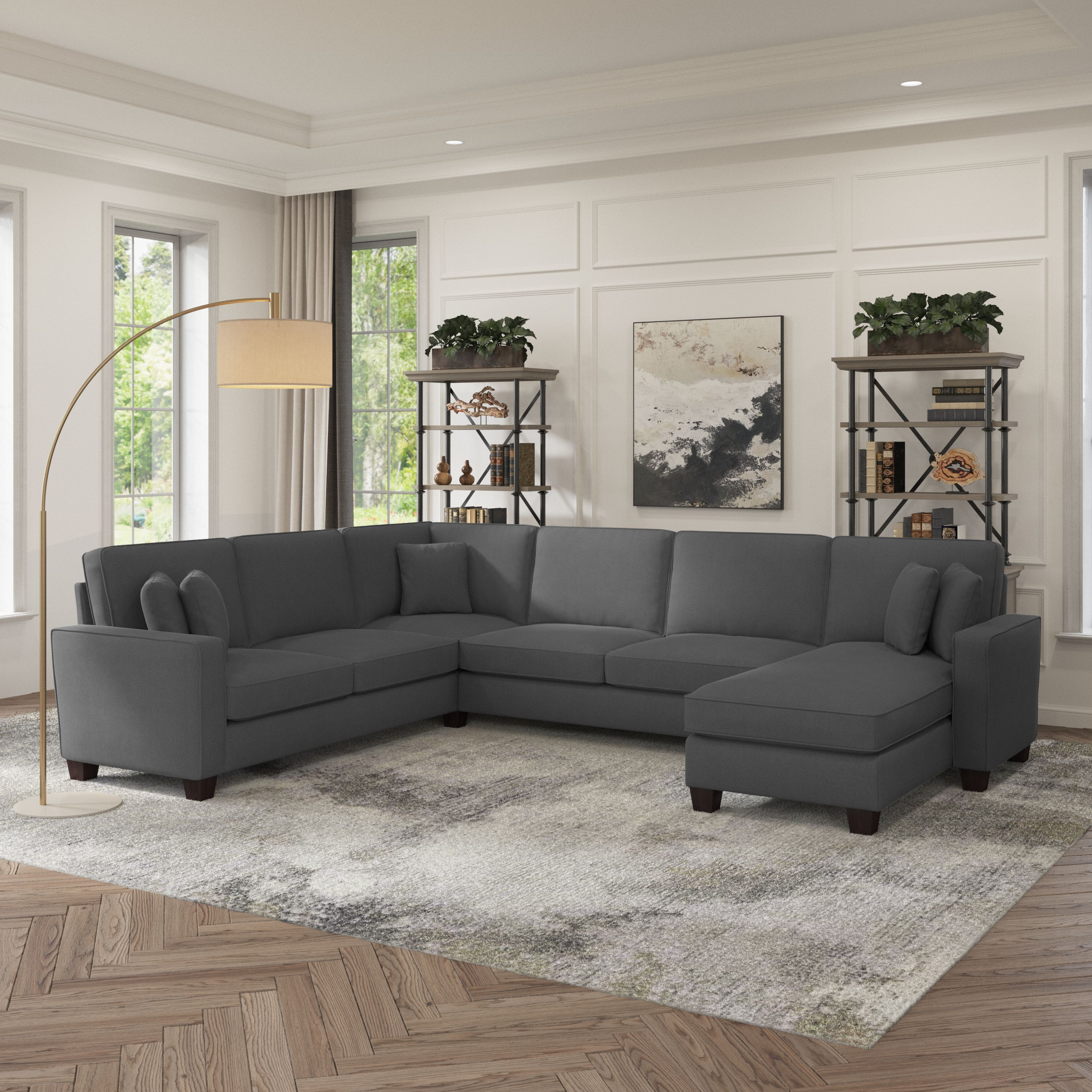 Shop Bush Furniture Stockton 128W U Shaped Sectional Couch with Reversible Chaise Lounge 01 SNY127SCGH-03K #color_charcoal gray herringbone fabr
