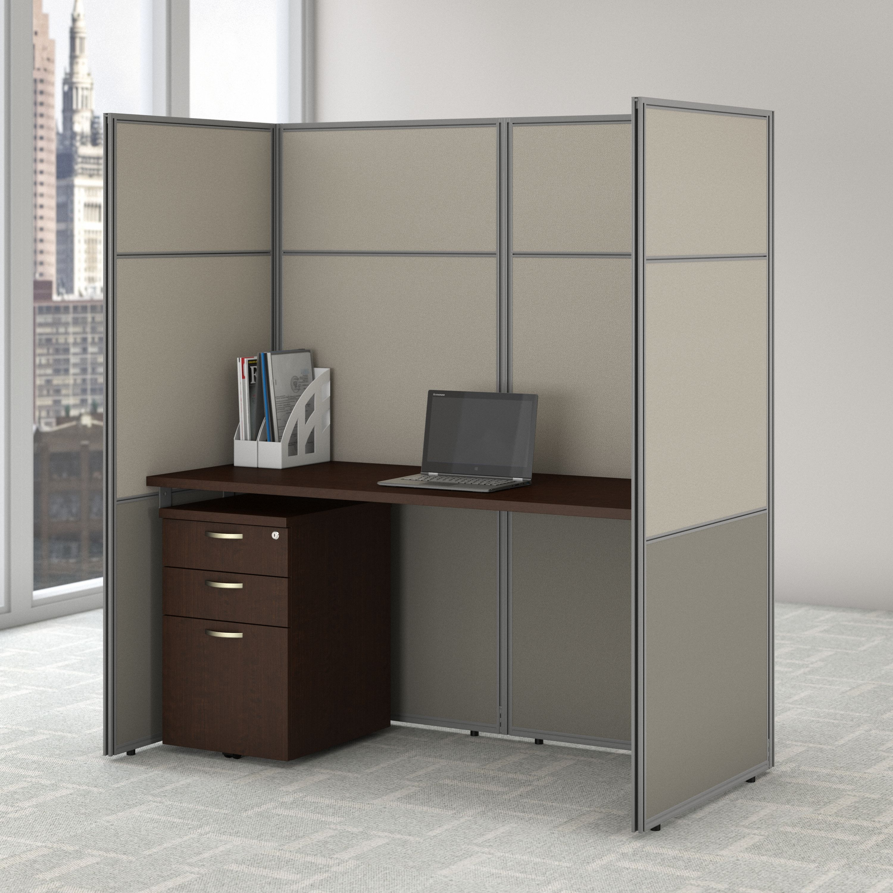 Shop Bush Business Furniture Easy Office 60W Cubicle Desk with File Cabinet and 66H Closed Panels Workstation 01 EODH26SMR-03K #color_mocha cherry