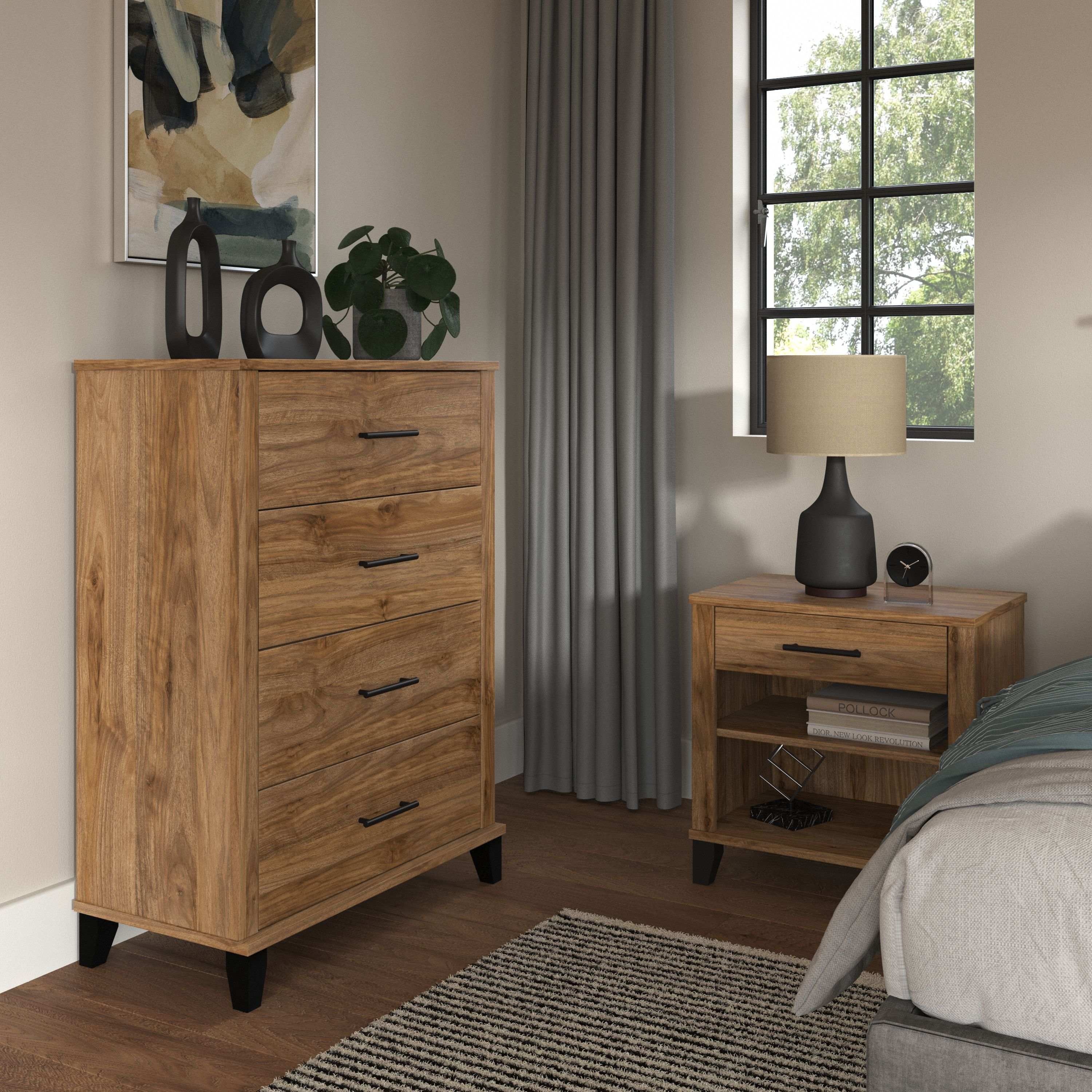 Shop Bush Furniture Somerset Chest of Drawers and Nightstand Set 01 SET034FW #color_fresh walnut