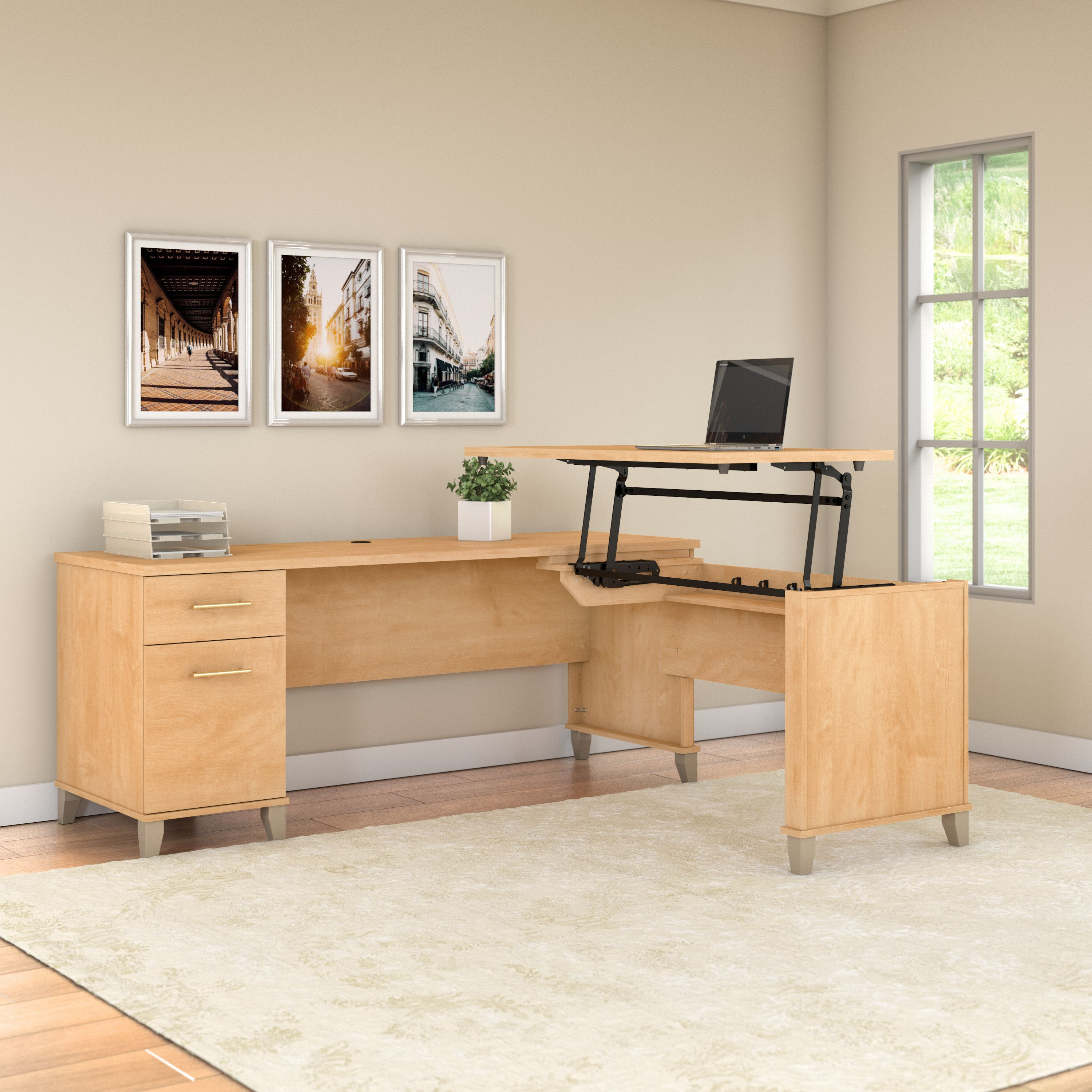 Shop Bush Furniture Somerset 72W 3 Position Sit to Stand L Shaped Desk 01 SET014MC #color_maple cross