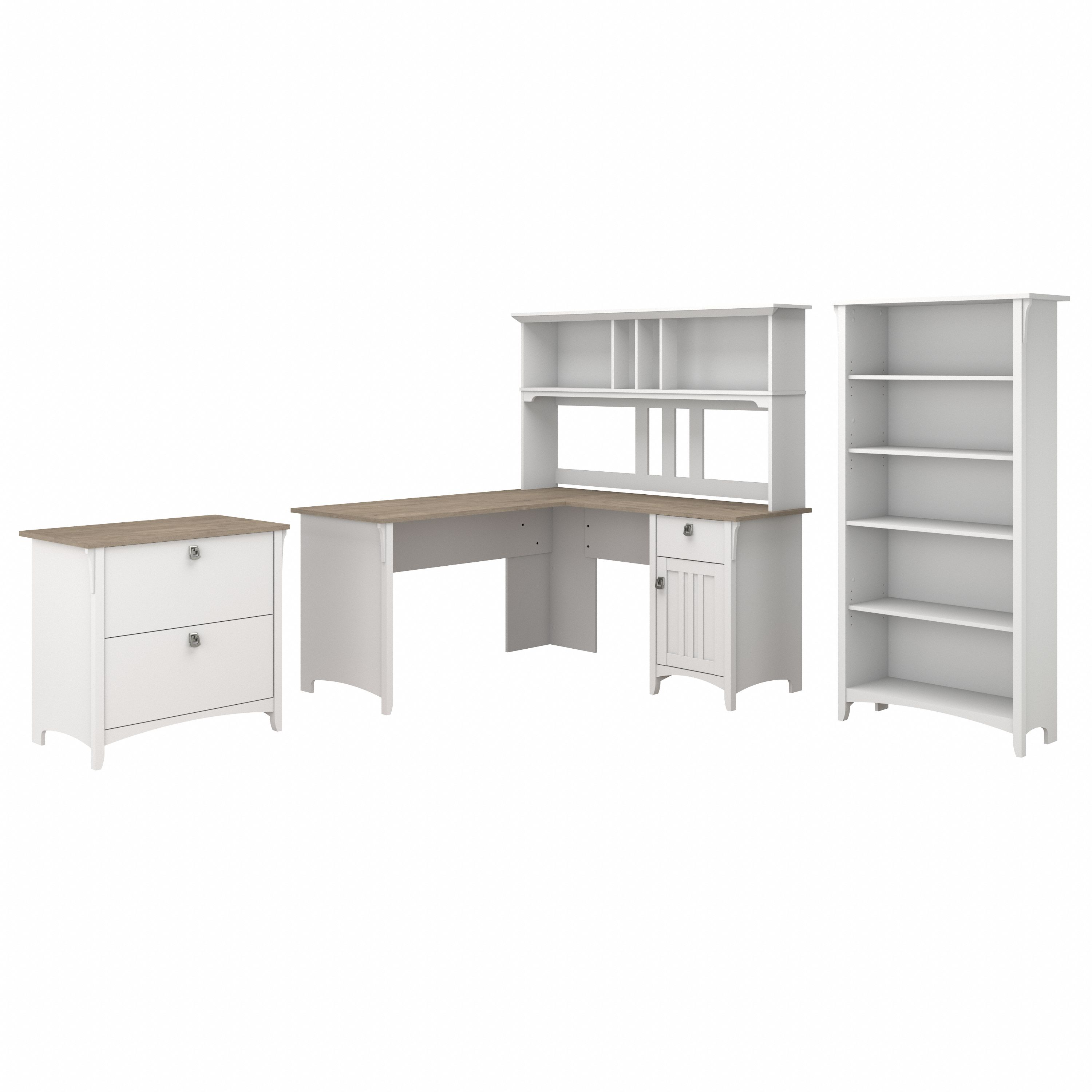 Shop Bush Furniture Salinas 60W L Shaped Desk with Hutch, Lateral File Cabinet and 5 Shelf Bookcase 02 SAL007G2W #color_shiplap gray/pure white