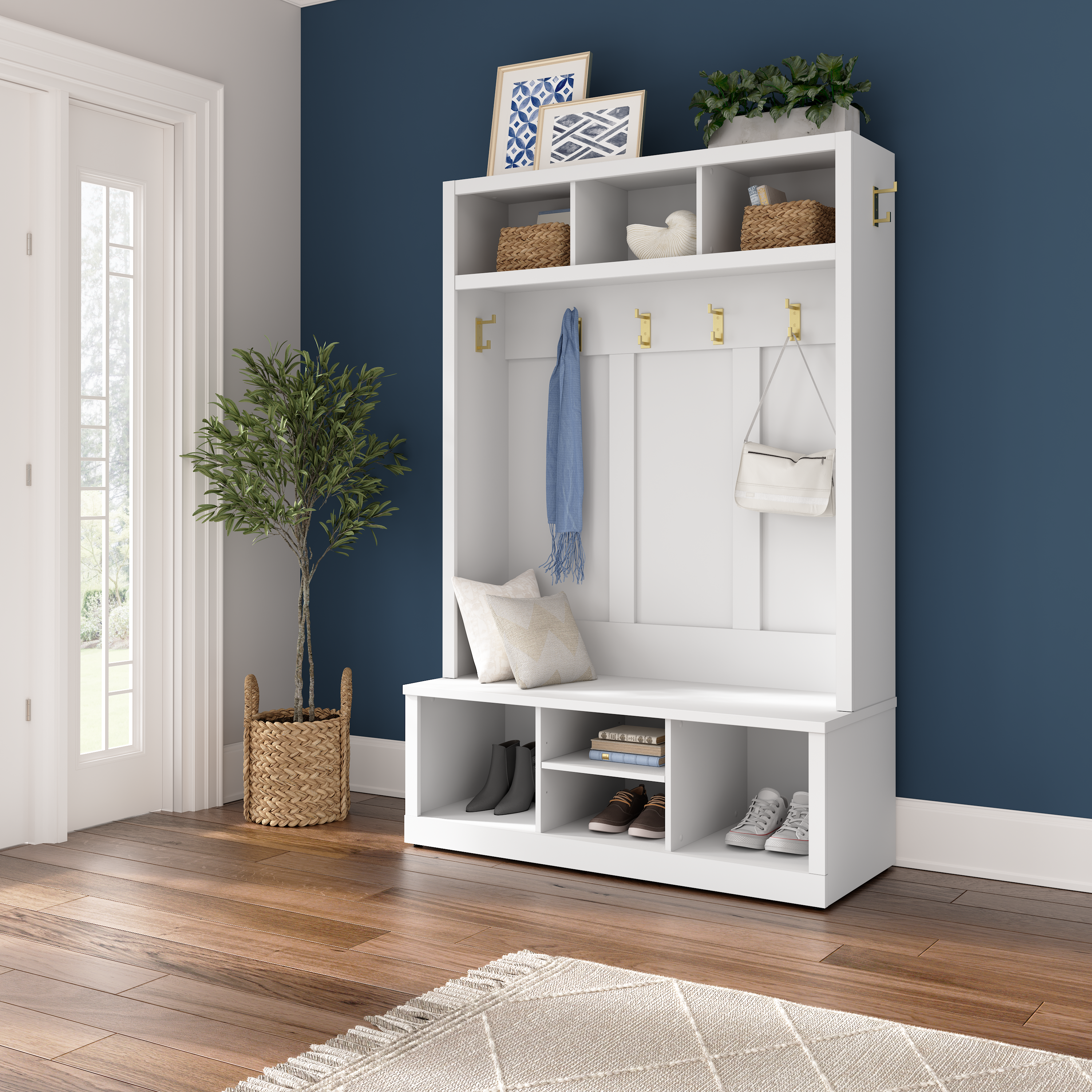 Shop Bush Furniture Hampton Heights Entryway Storage Set with 48W Hall Tree and Shoe Bench 01 HHS003WH #color_white