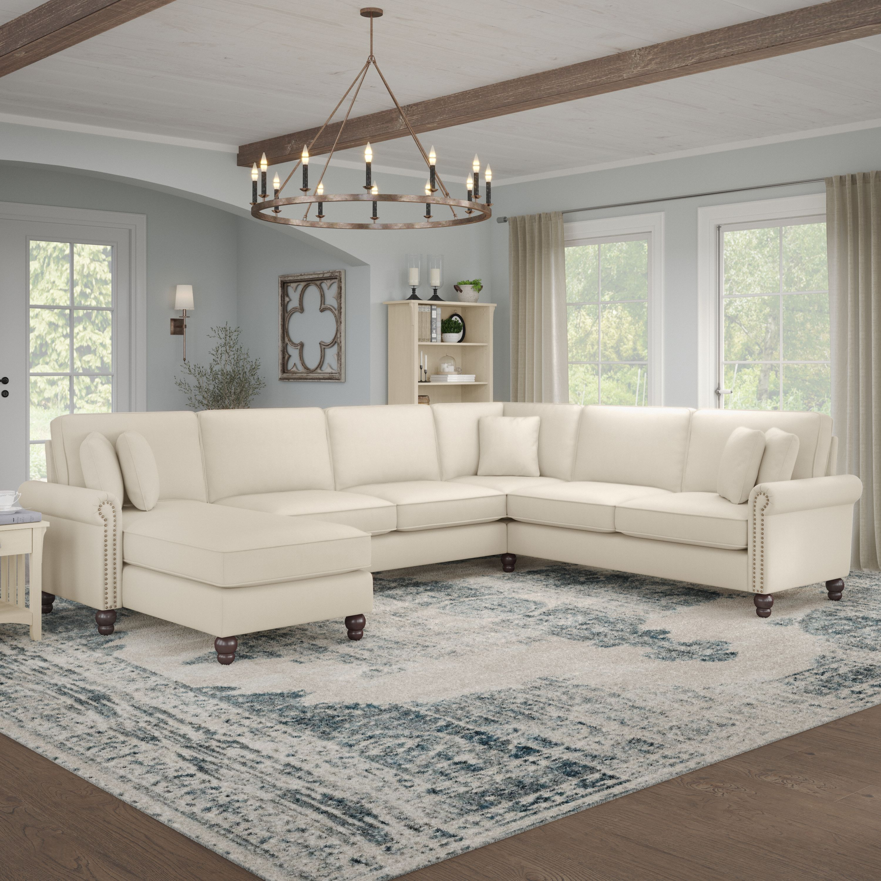 Shop Bush Furniture Coventry 128W U Shaped Sectional Couch with Reversible Chaise Lounge 01 CVY127BCRH-03K #color_cream herringbone fabric