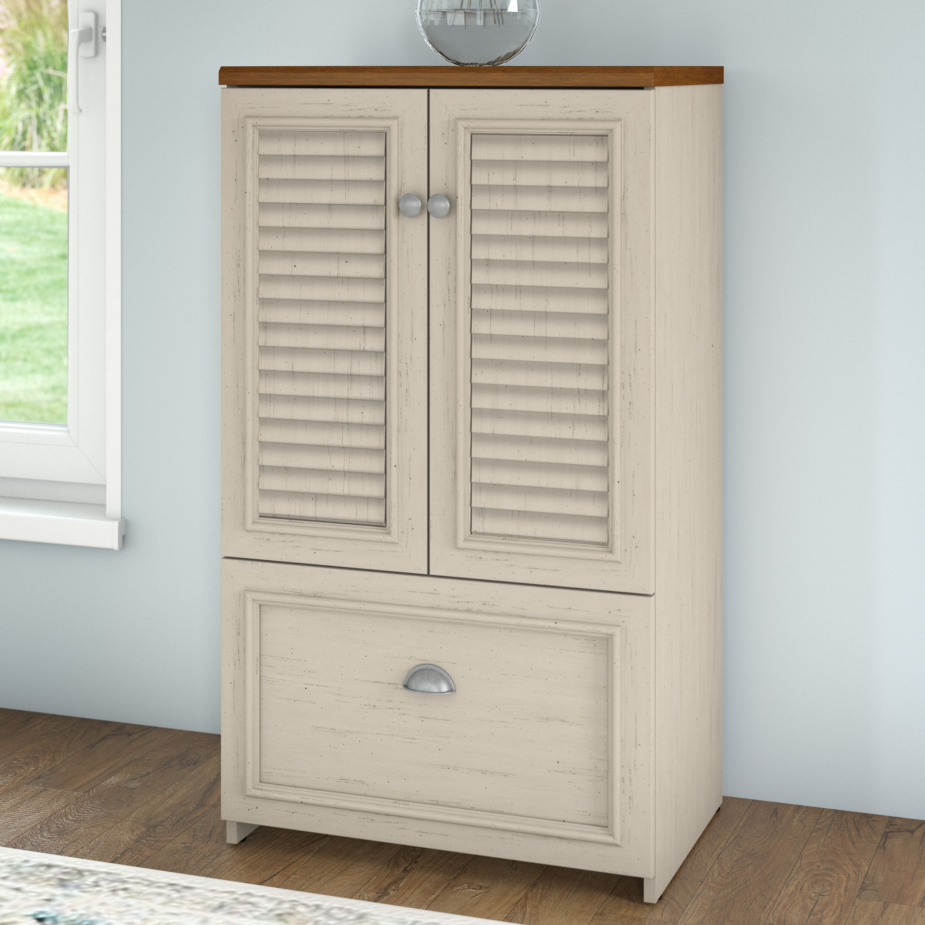 Shop Bush Furniture Fairview 2 Door Storage Cabinet with File Drawer 01 WC53280-03 #color_antique white/tea maple
