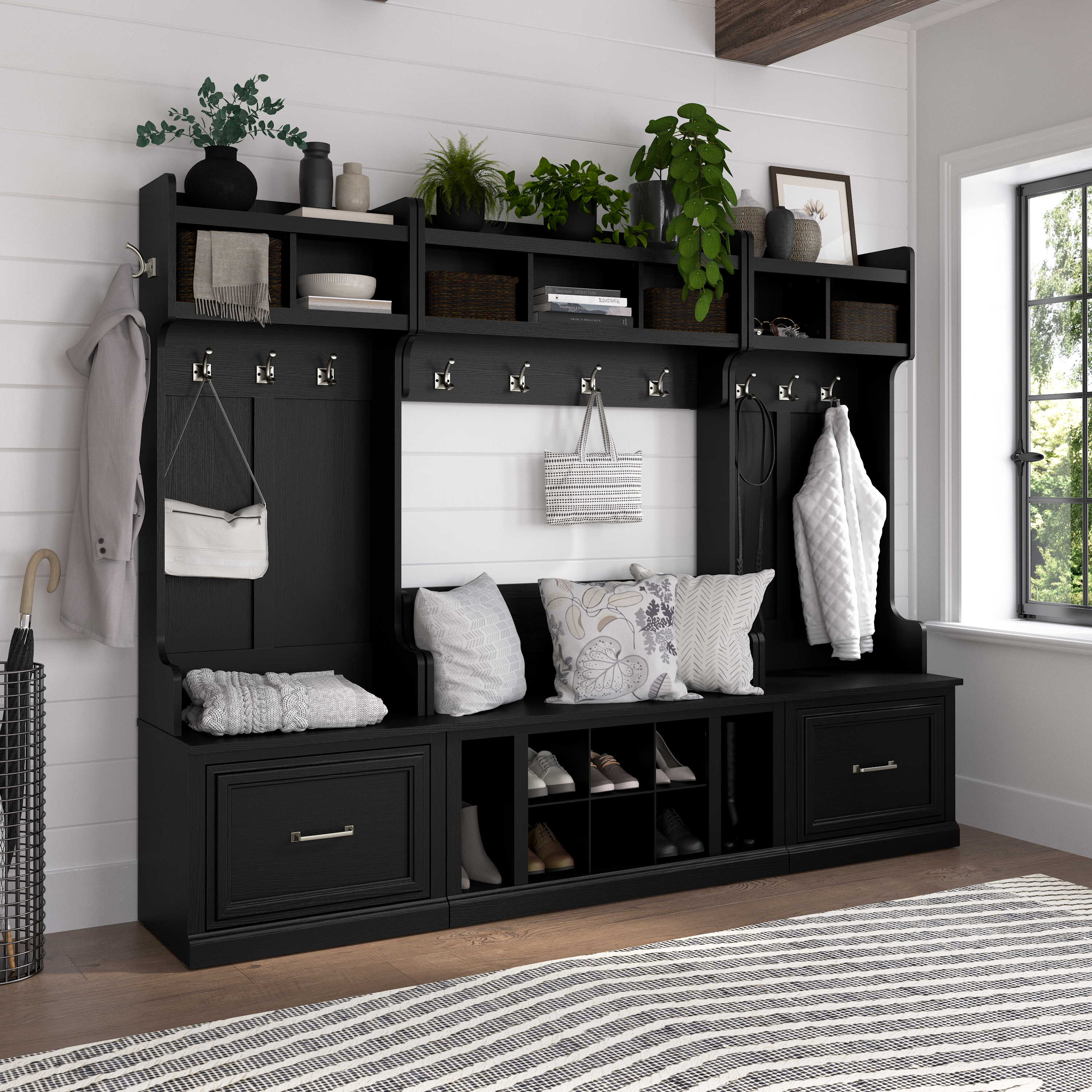 Shop Bush Furniture Woodland Entryway Storage Set with Hall Trees and Shoe Bench with Drawers 08 WDL012BS #color_black suede oak
