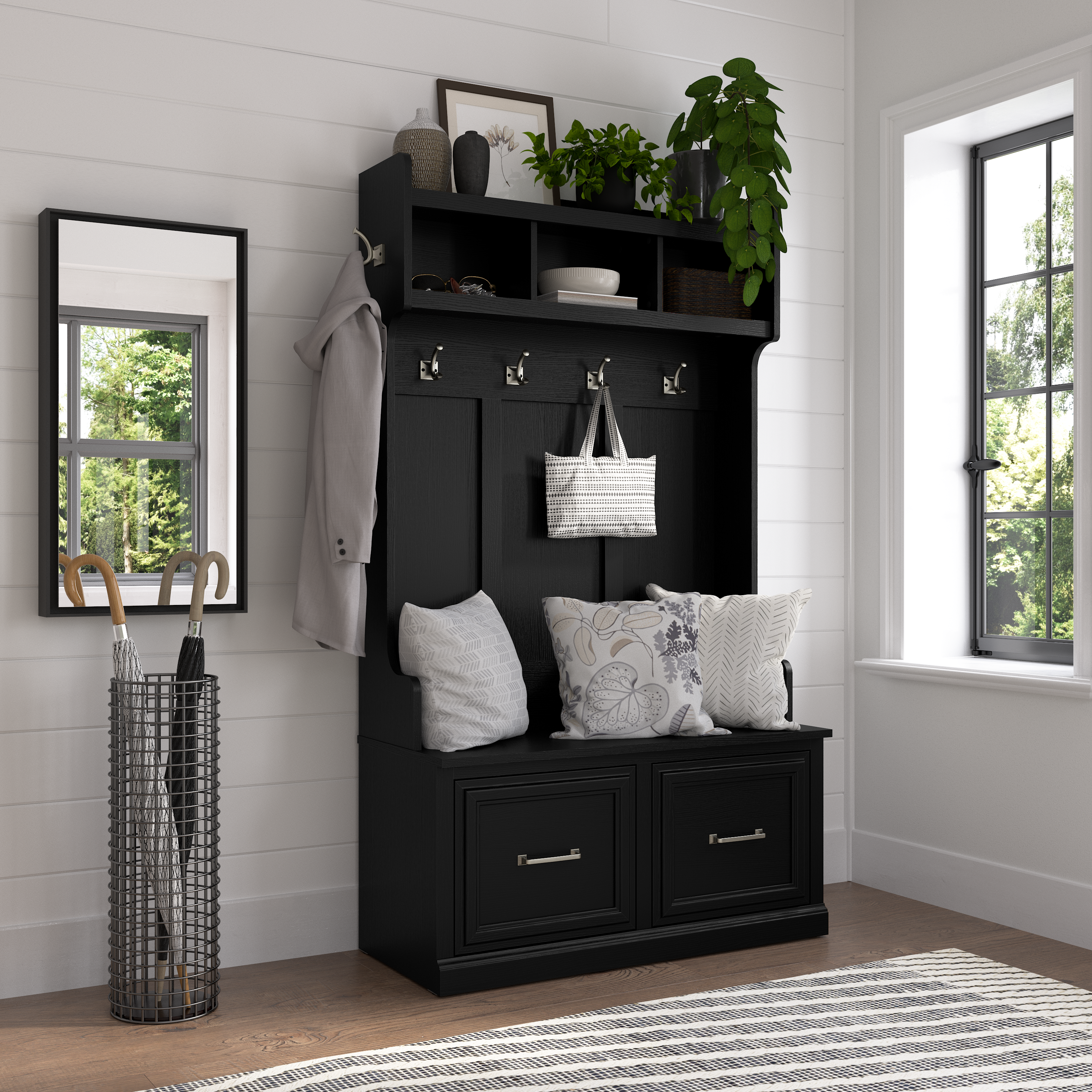 Shop Bush Furniture Woodland 40W Hall Tree and Shoe Storage Bench with Doors 01 WDL001BS #color_black suede oak