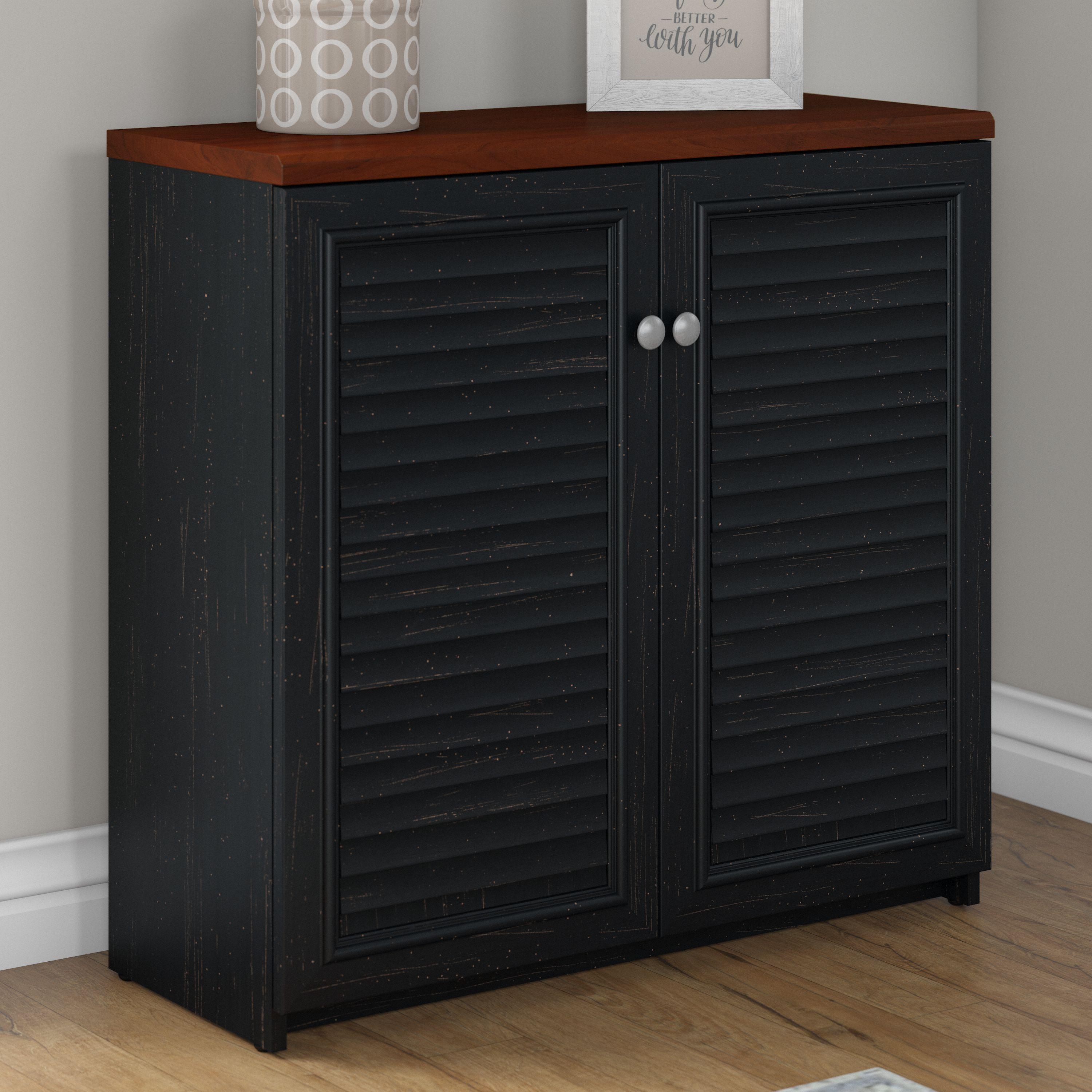 Shop Bush Furniture Fairview Small Storage Cabinet with Doors and Shelves 01 WC53996-03 #color_antique black/hansen cherry