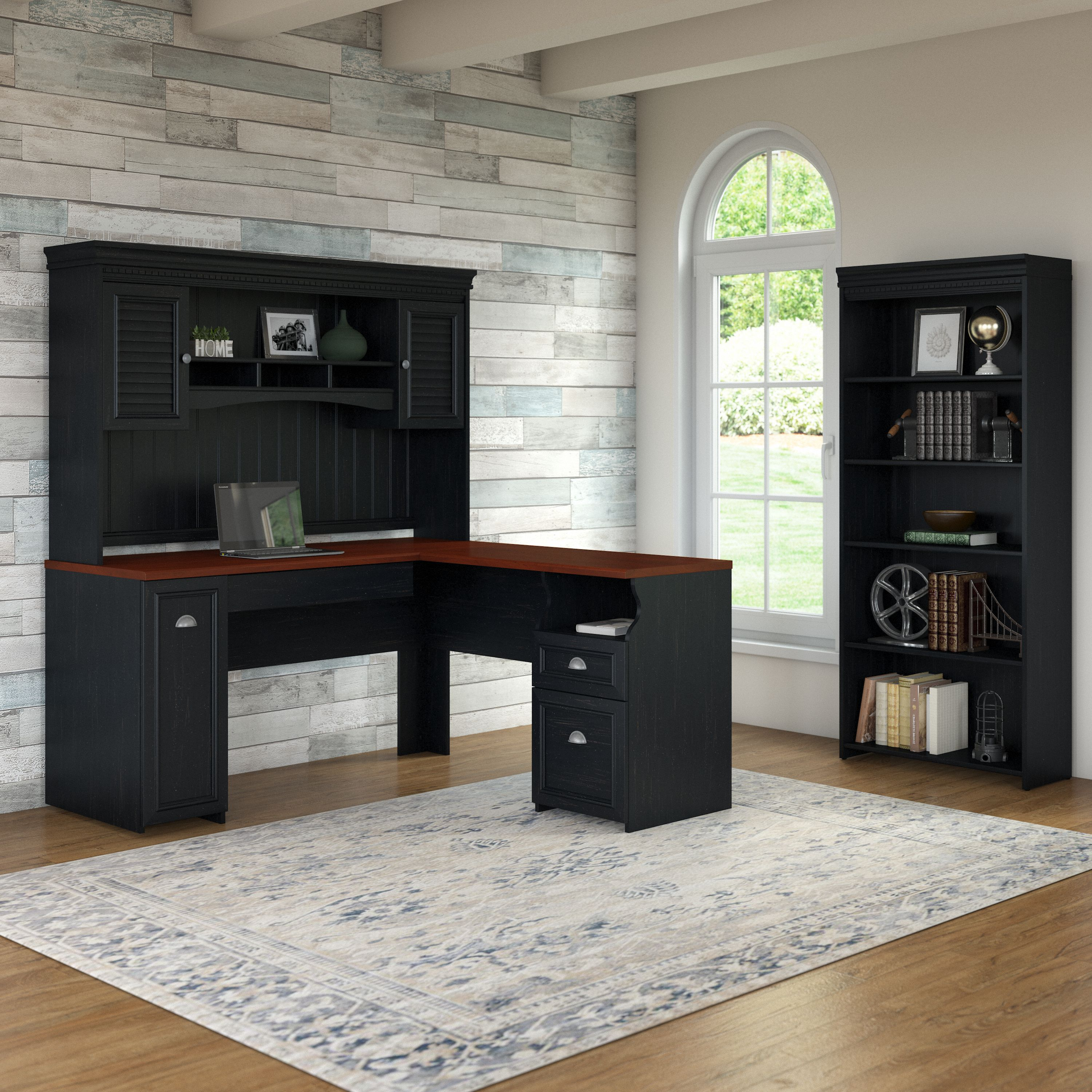 Shop Bush Furniture Fairview 60W L Shaped Desk with Hutch and 5 Shelf Bookcase 01 FV005AB #color_antique black