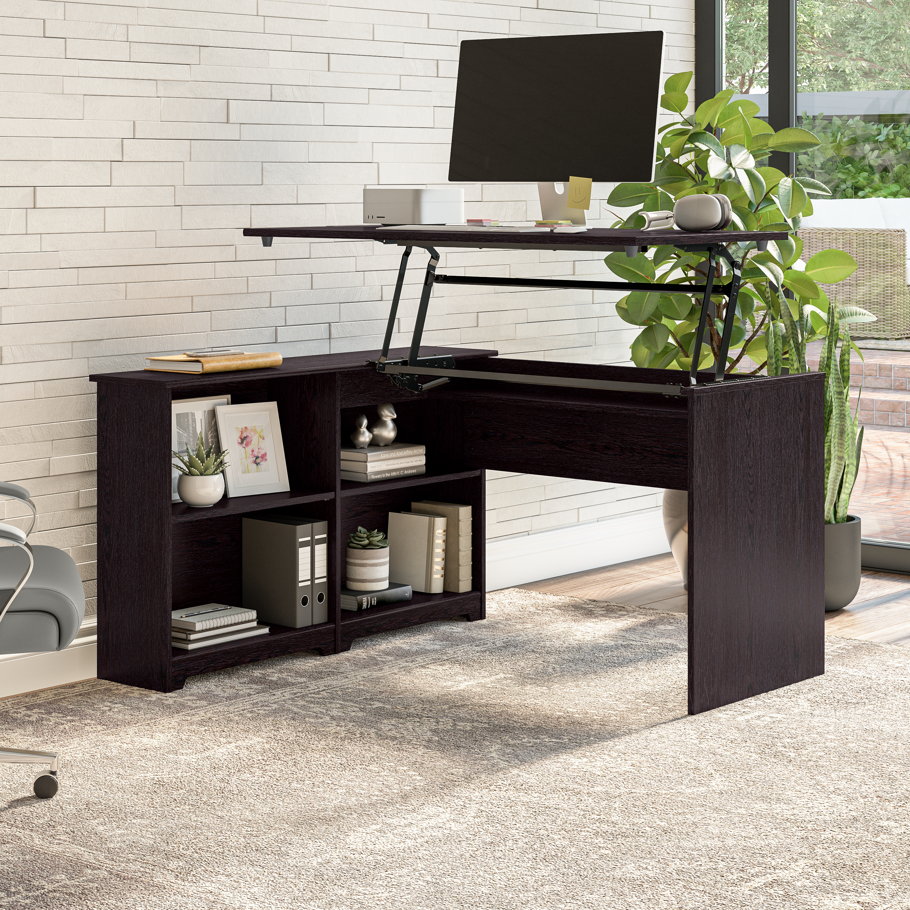 Shop Bush Furniture Cabot 52W 3 Position Sit to Stand Corner Desk with Shelves 01 WC31816 #color_espresso oak