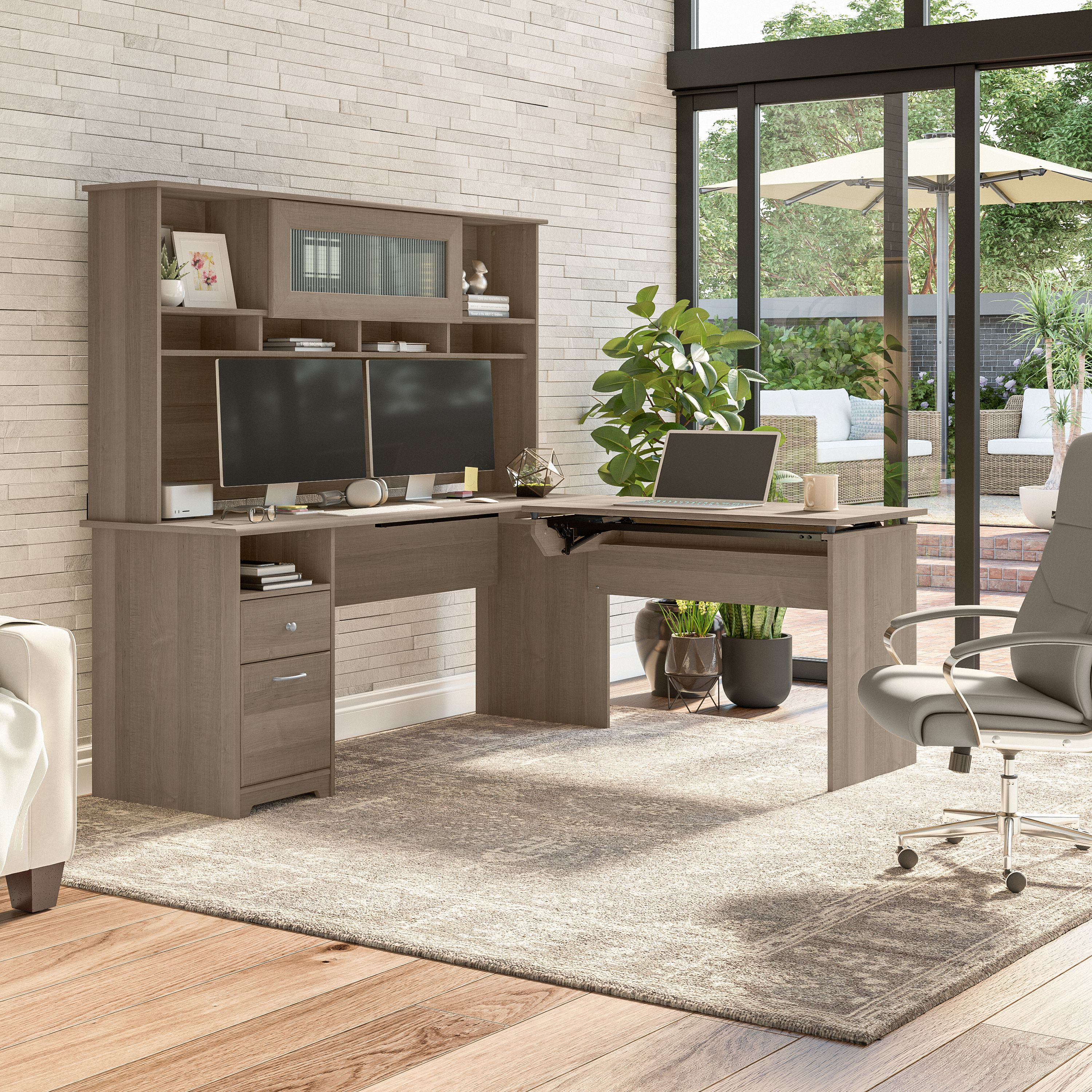 Shop Bush Furniture Cabot 72W 3 Position Sit to Stand L Shaped Desk with Hutch 06 CAB052AG #color_ash gray