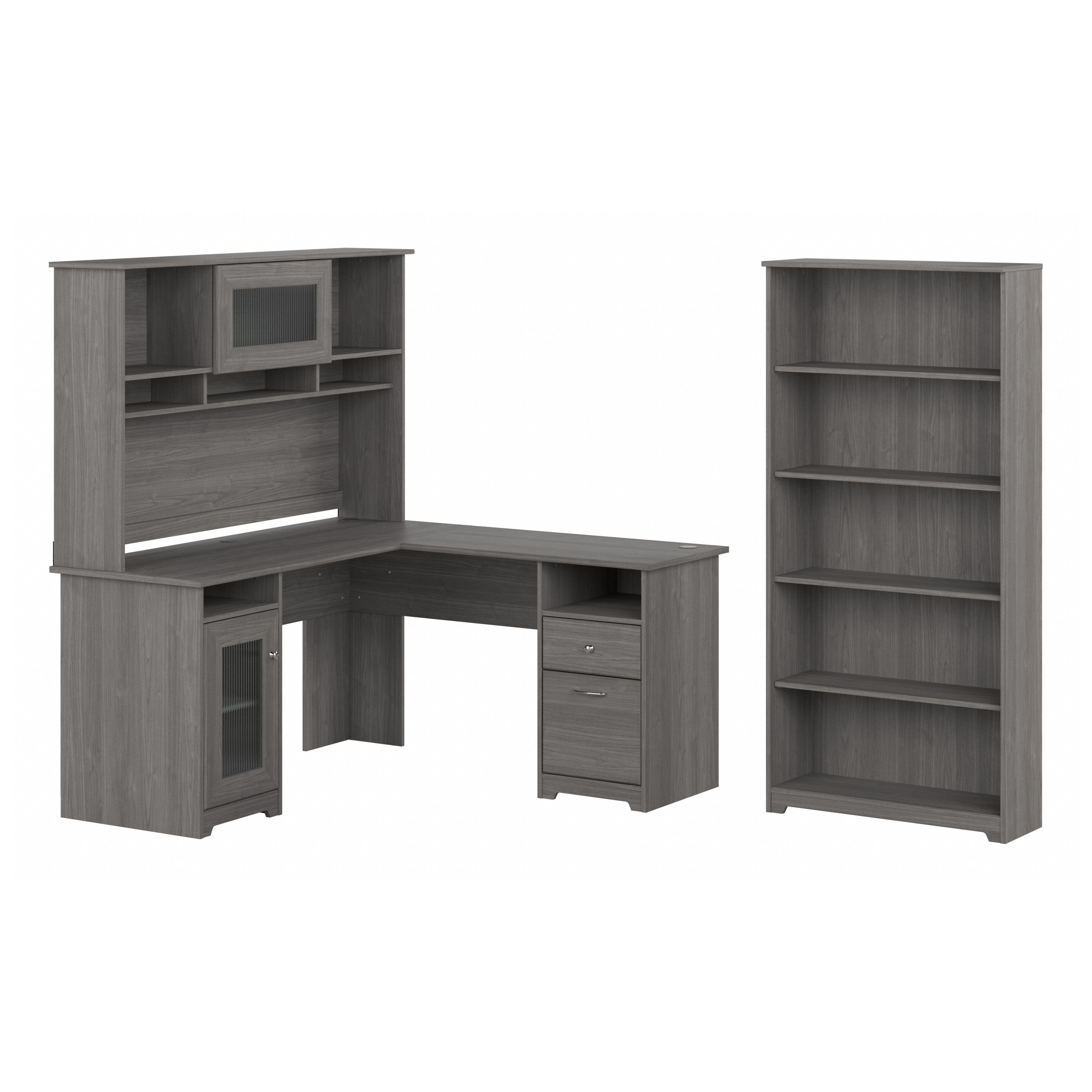 Shop Bush Furniture Cabot 60W L Shaped Computer Desk with Hutch and 5 Shelf Bookcase 02 CAB011MG #color_modern gray