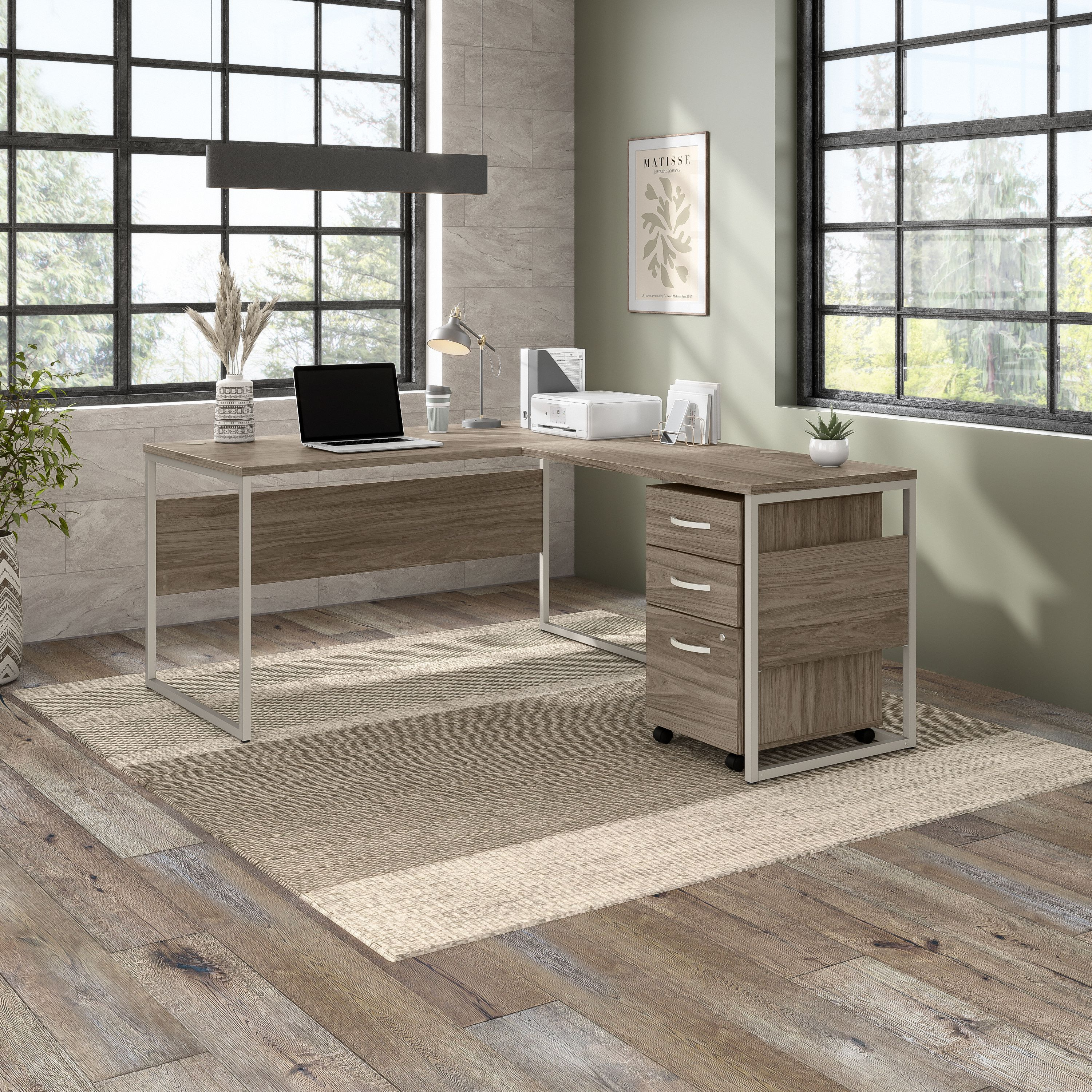 Shop Bush Business Furniture Hybrid 60W x 30D L Shaped Table Desk with Mobile File Cabinet 01 HYB029MHSU #color_modern hickory