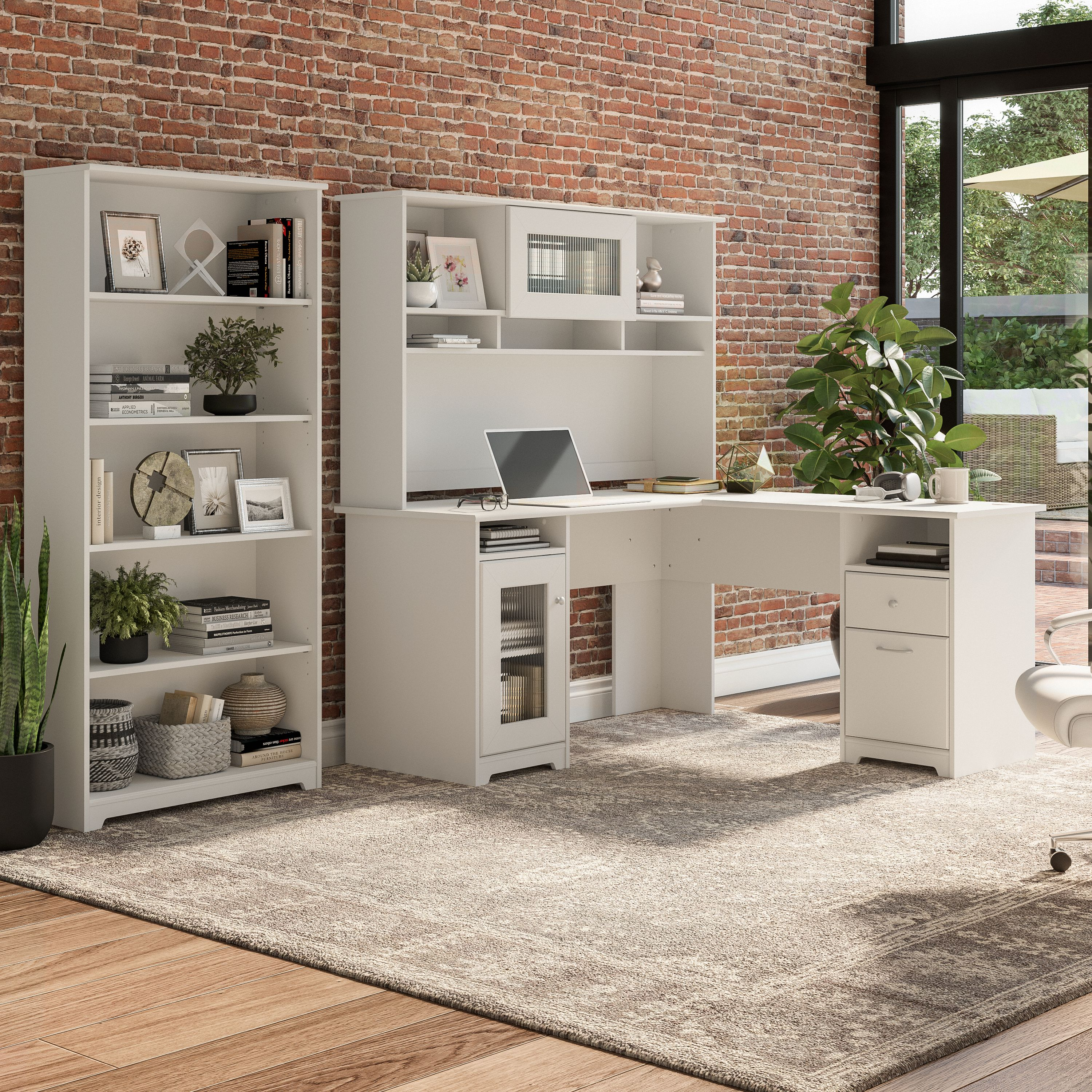 Shop Bush Furniture Cabot 60W L Shaped Computer Desk with Hutch and 5 Shelf Bookcase 01 CAB011WHN #color_white