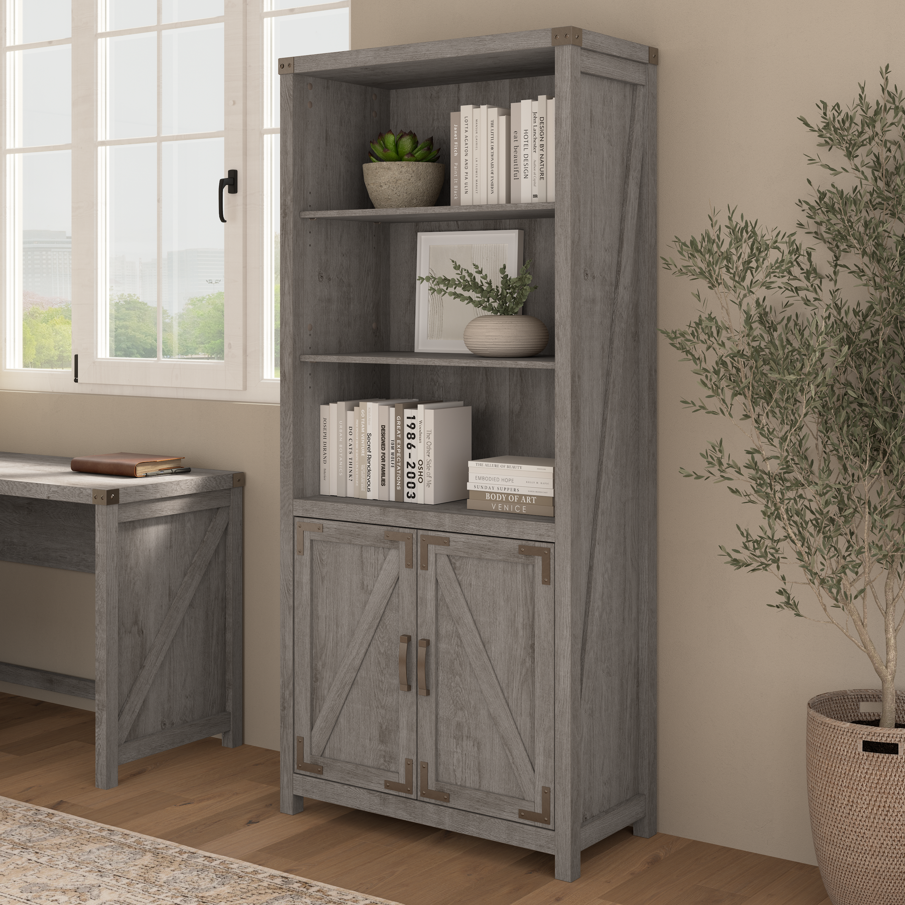 Shop Bush Furniture Knoxville Tall 5 Shelf Bookcase with Doors 01 CGB132RTG-03 #color_restored gray