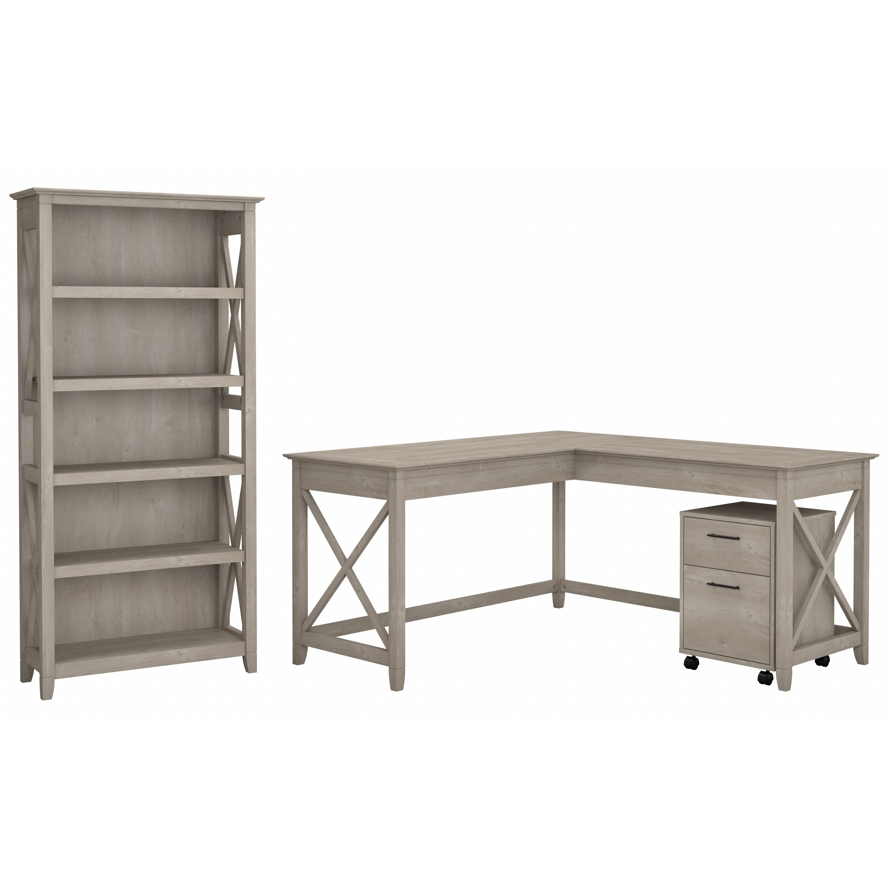 Shop Bush Furniture Key West 60W L Shaped Desk with 2 Drawer Mobile File Cabinet and 5 Shelf Bookcase 02 KWS016WG #color_washed gray