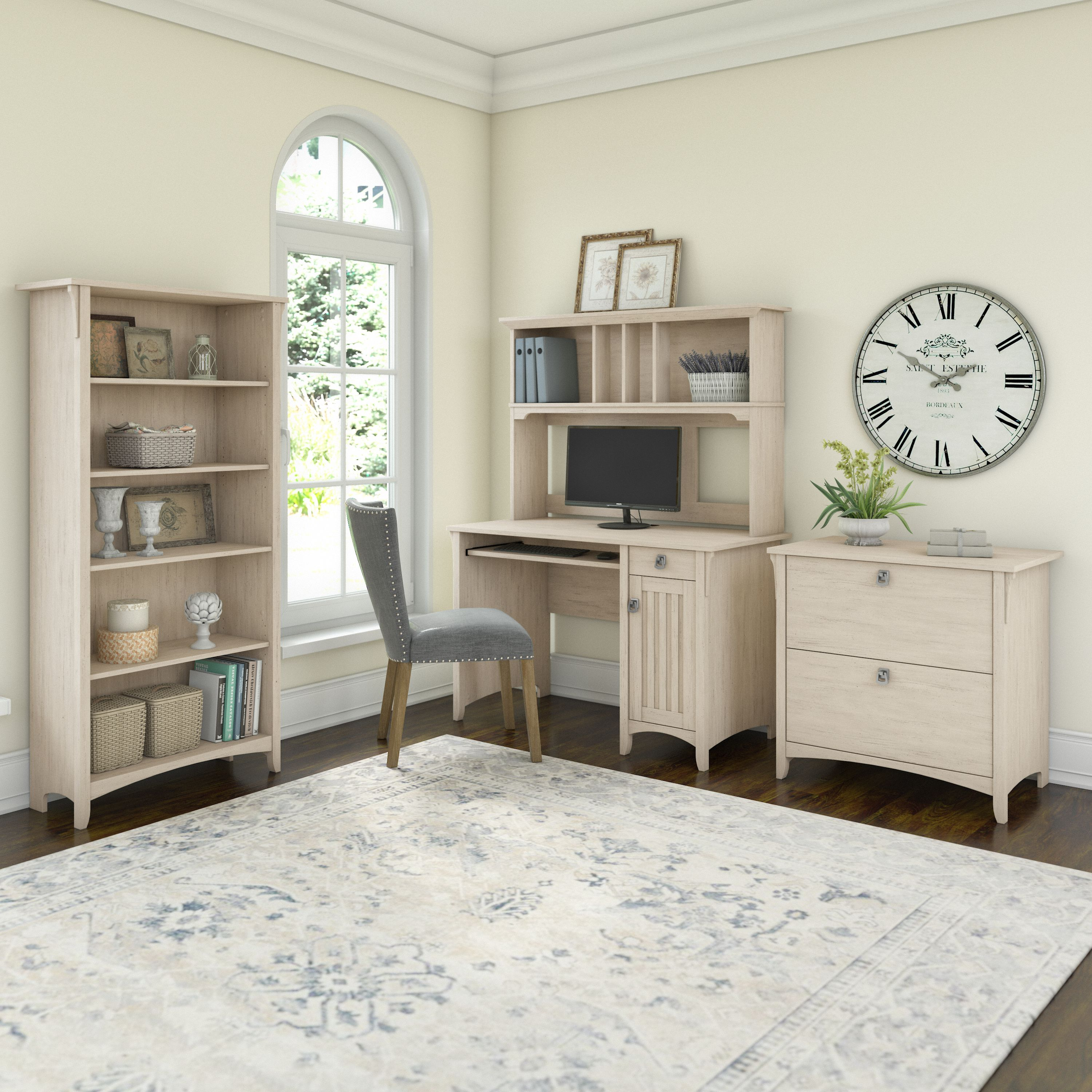 Shop Bush Furniture Salinas Mission Desk with Hutch, Lateral File Cabinet and 5 Shelf Bookcase 01 SAL002AW #color_antique white