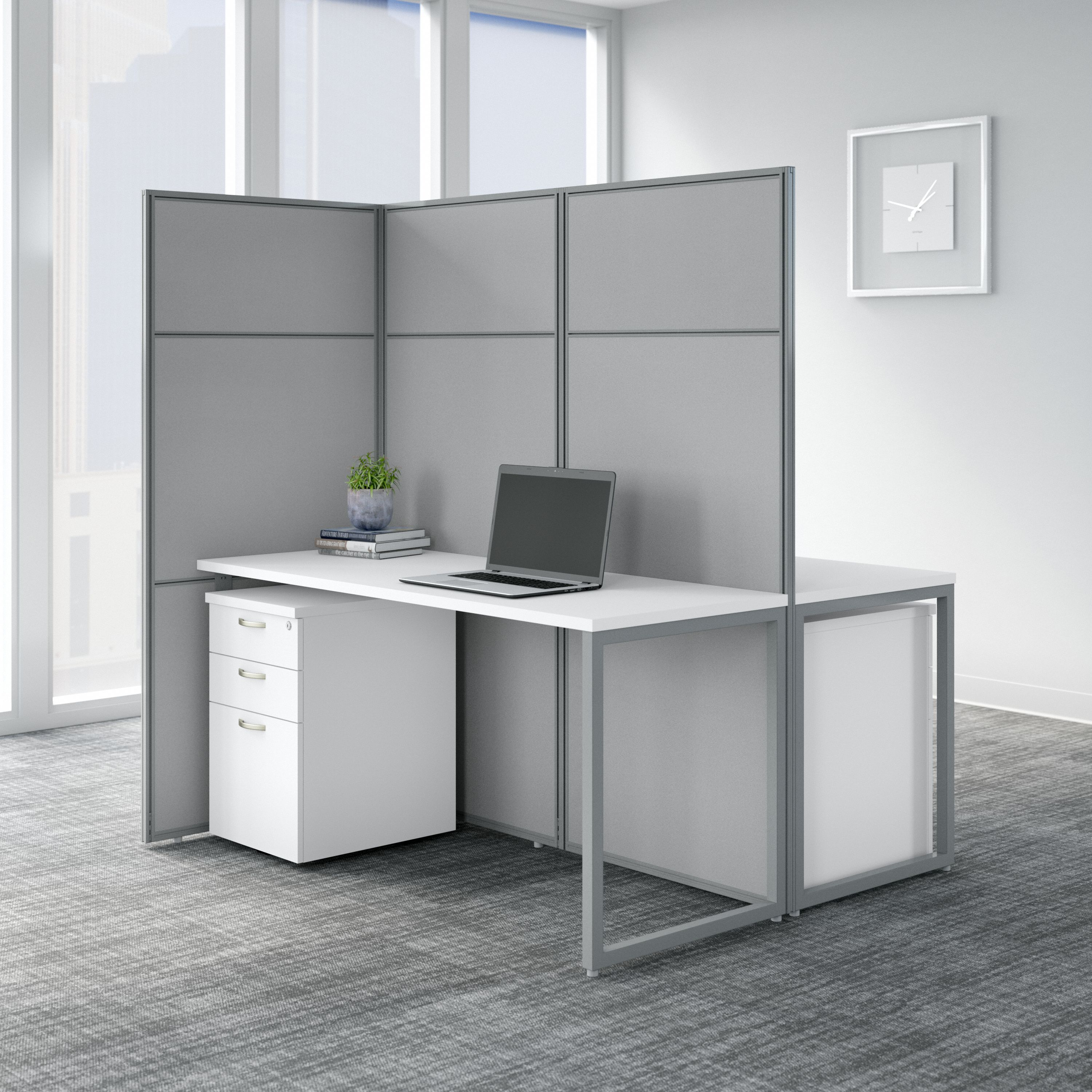 Shop Bush Business Furniture Easy Office 60W 2 Person Cubicle Desk with File Cabinets and 66H Panels 01 EODH46SWH-03K #color_pure white/silver gray fabric
