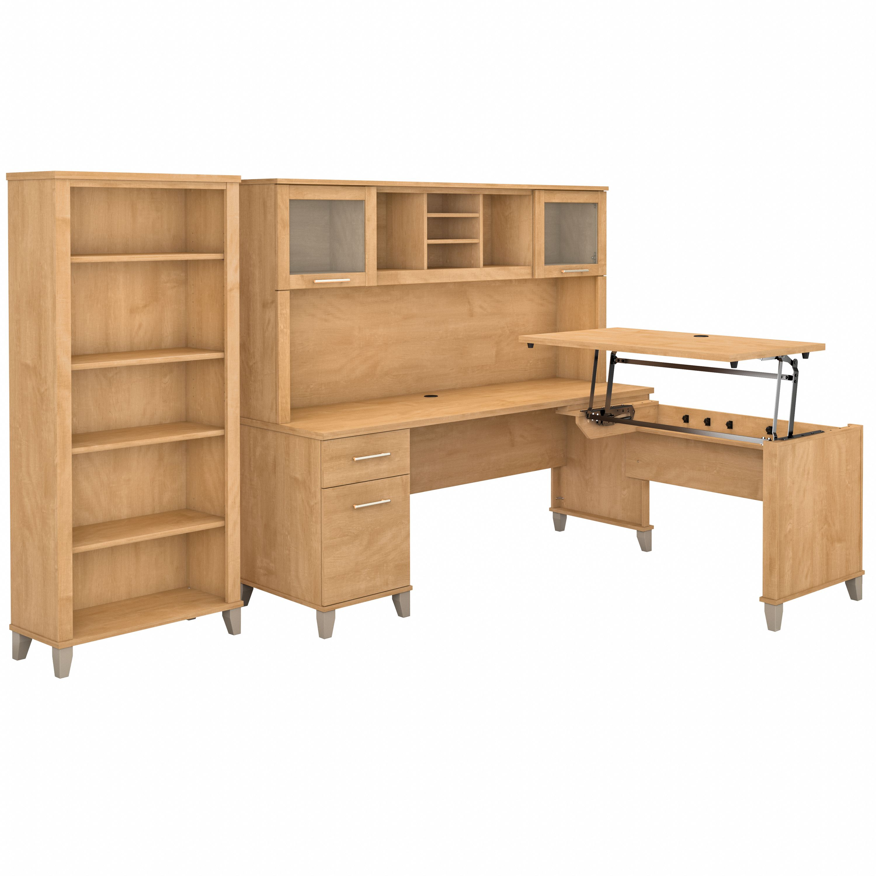 Shop Bush Furniture Somerset 72W 3 Position Sit to Stand L Shaped Desk with Hutch and Bookcase 02 SET017MC #color_maple cross